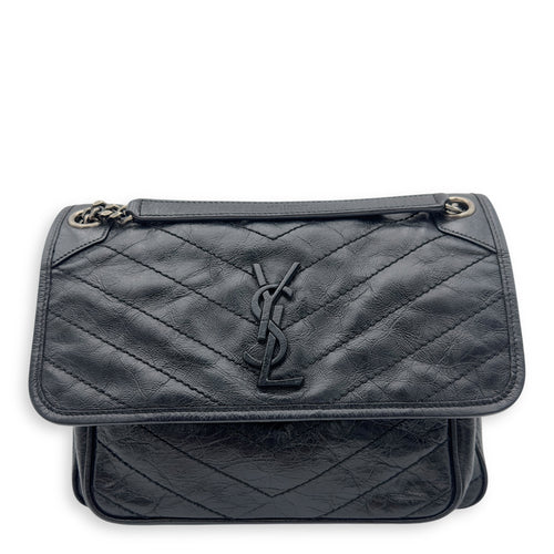 Saint Laurent Niki Medium Black Shoulder Bag in Calfskin, Silver hardware_1