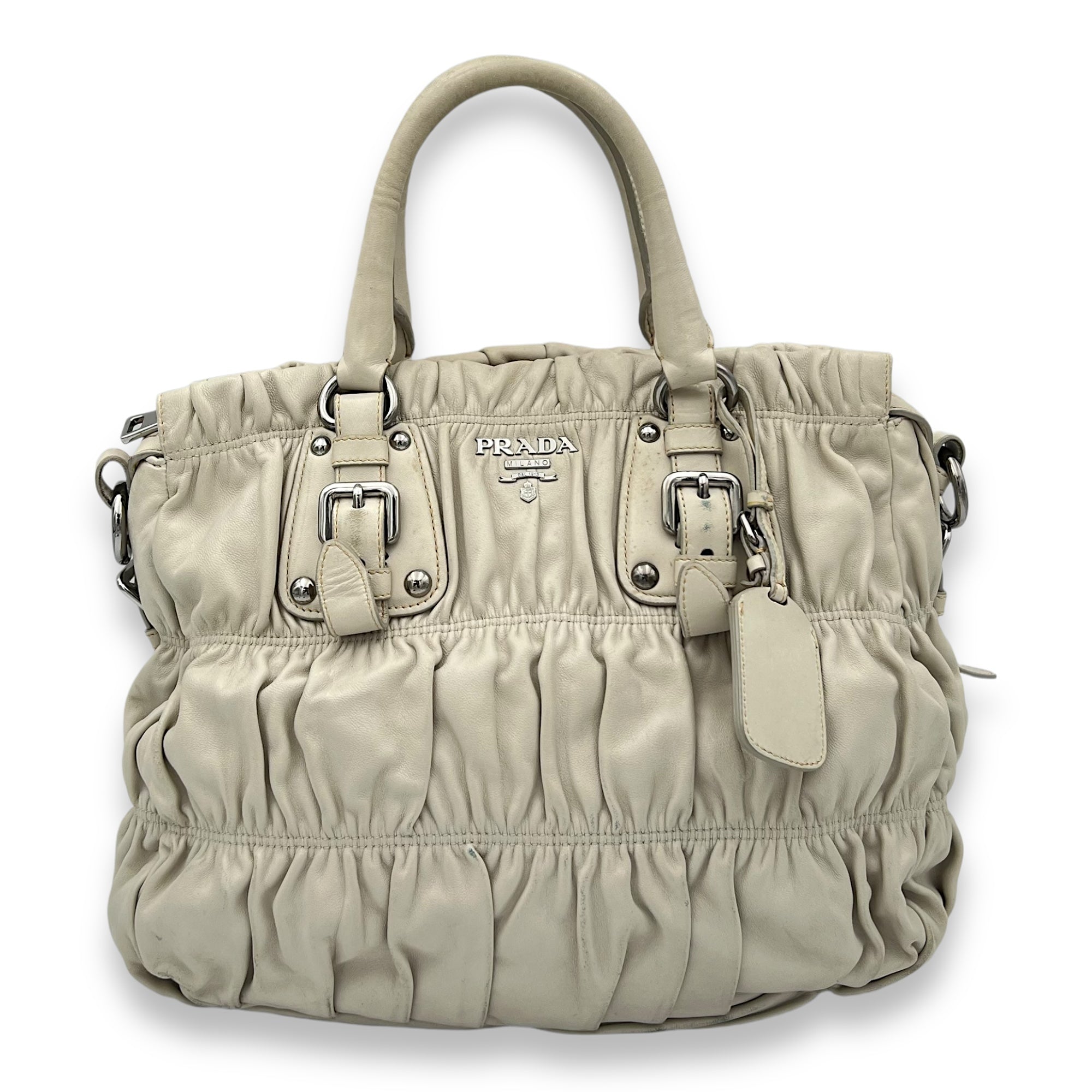 Prada Gaufre Beige Top Handle Bag in Lambskin, Silver hardware_1