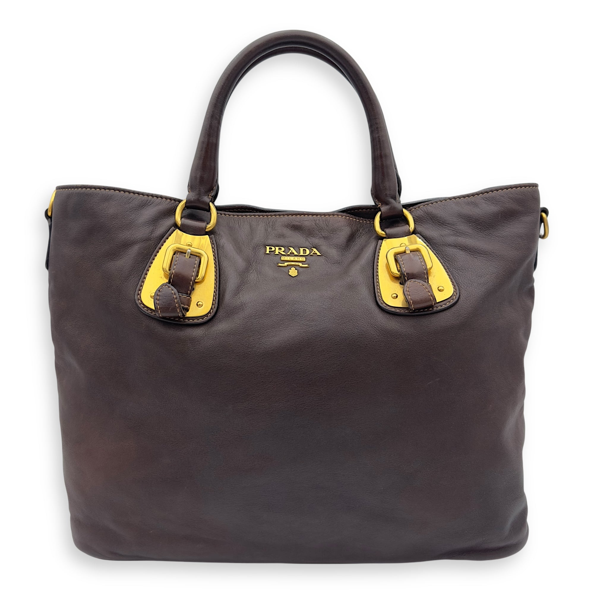 Prada Logo Brown Top Handle Bag in Calfskin, Gold hardware_1