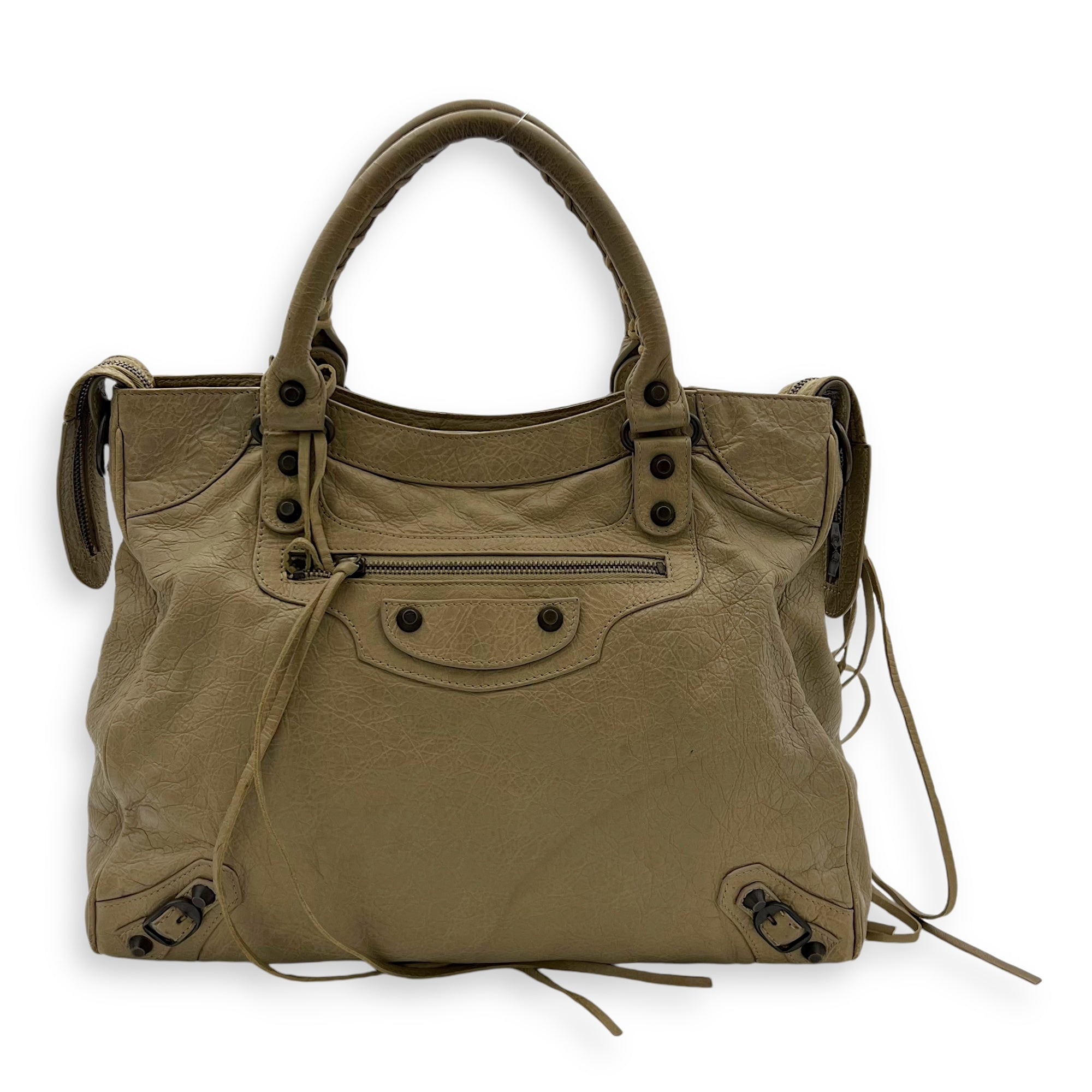 Balenciaga Velo Top Handle Bag Beige in Distressed Leather, Gunmetal hardware_1