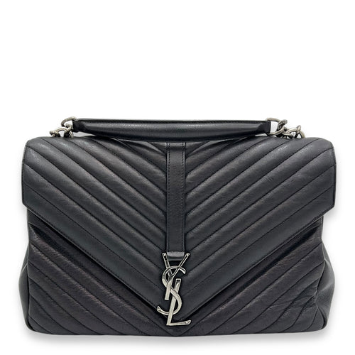 Saint Laurent College Large Black Shoulder Bag in Calfskin, Silver hardware_1