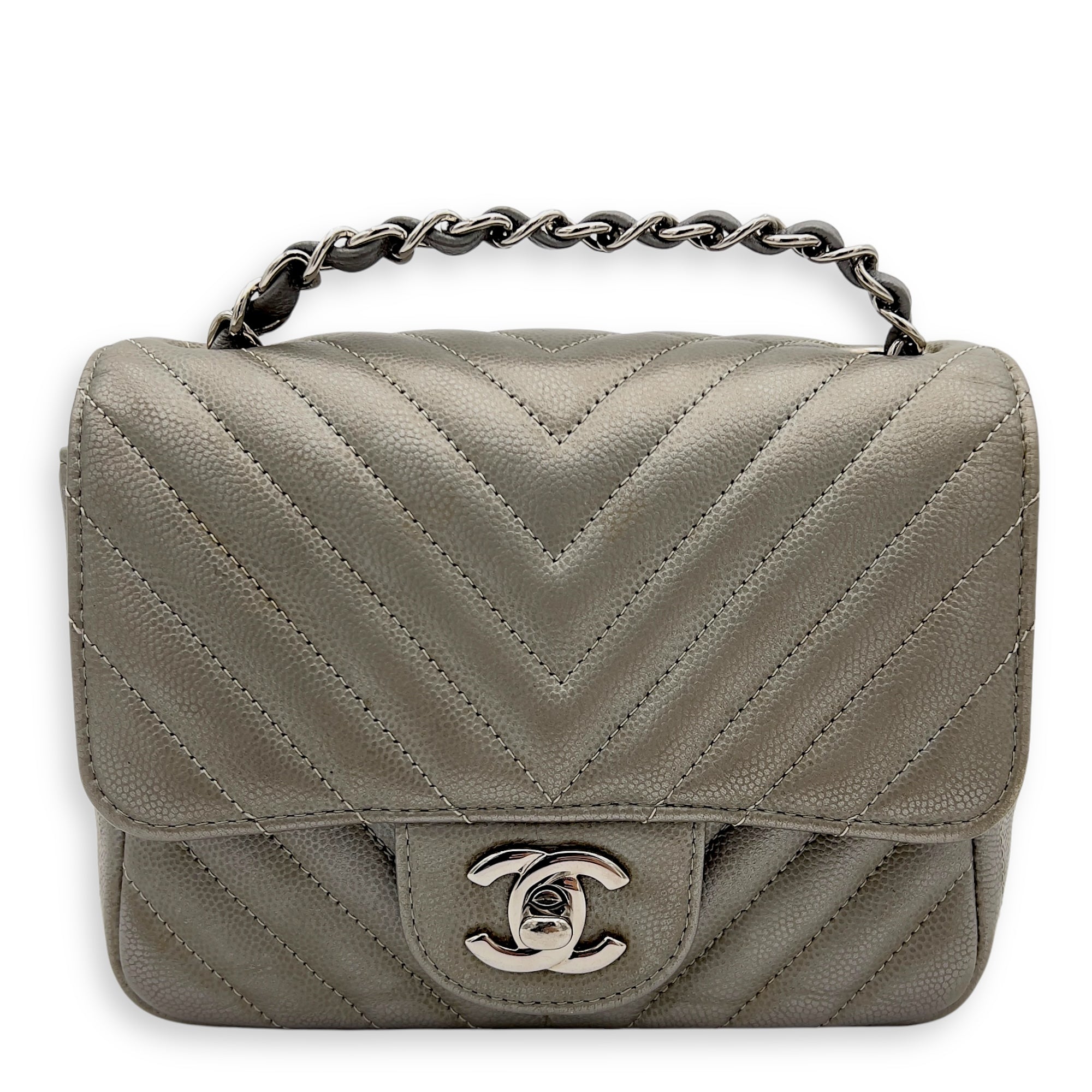 Chanel Chevron Square Mini Grey Crossbody Bag in Canvas, Silver hardware_1