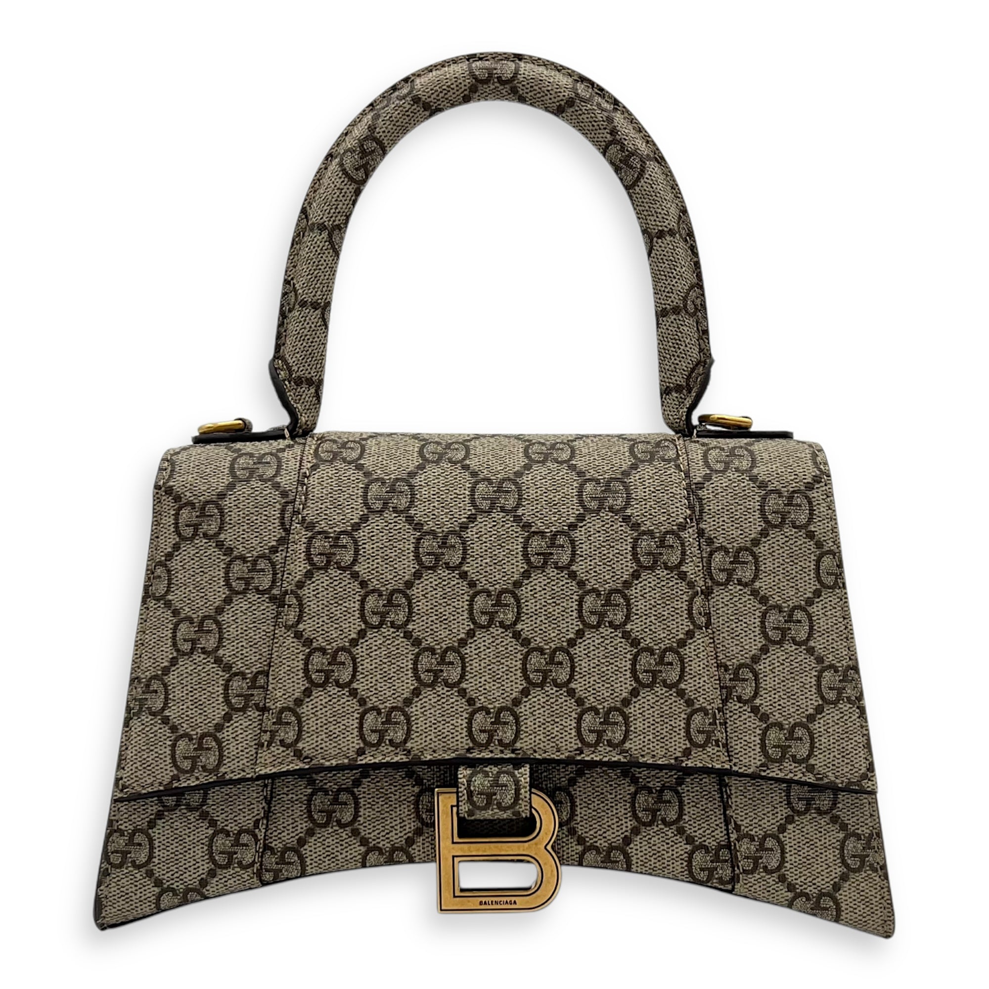 Gucci x Balenciaga Hourglass GG Supreme Brown Top Handle Bag in Monogram Coated Canvas, Gold hardware_1