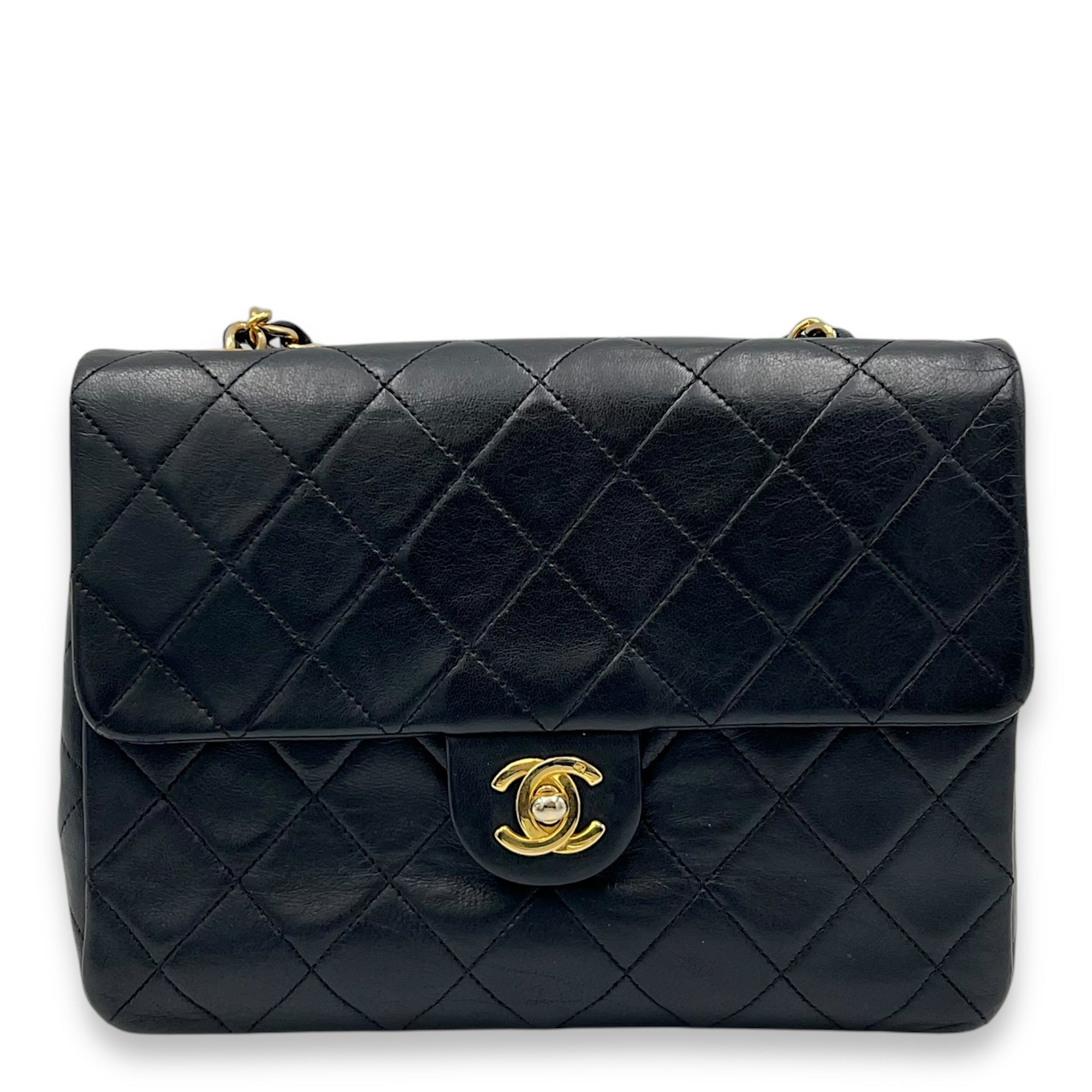 Chanel Vintage Classic Square Black Shoulder Bag in Lambskin, Gold hardware_1