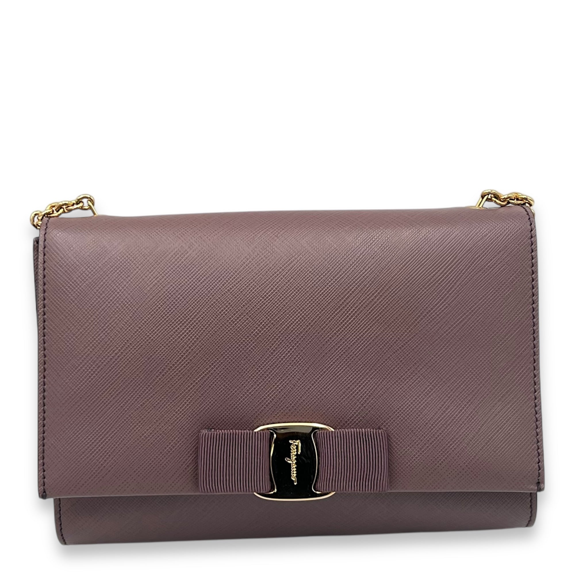 Salvatore Ferragamo Vara Bow Shoulder Bag Purple in Calfskin, Gold hardware_1