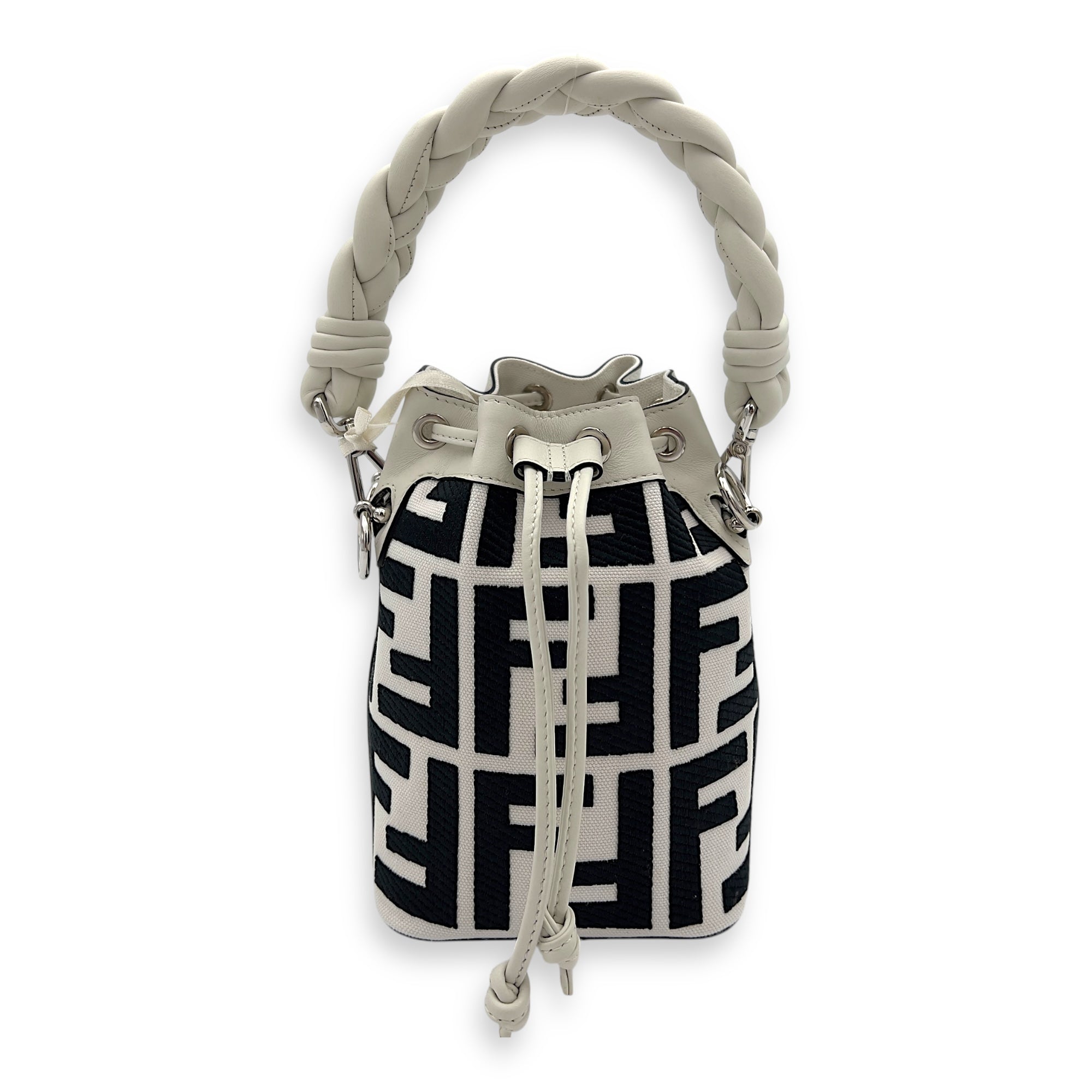 Fendi Mon Tresor Mini White Bucket Bag in Canvas, Silver hardware_1