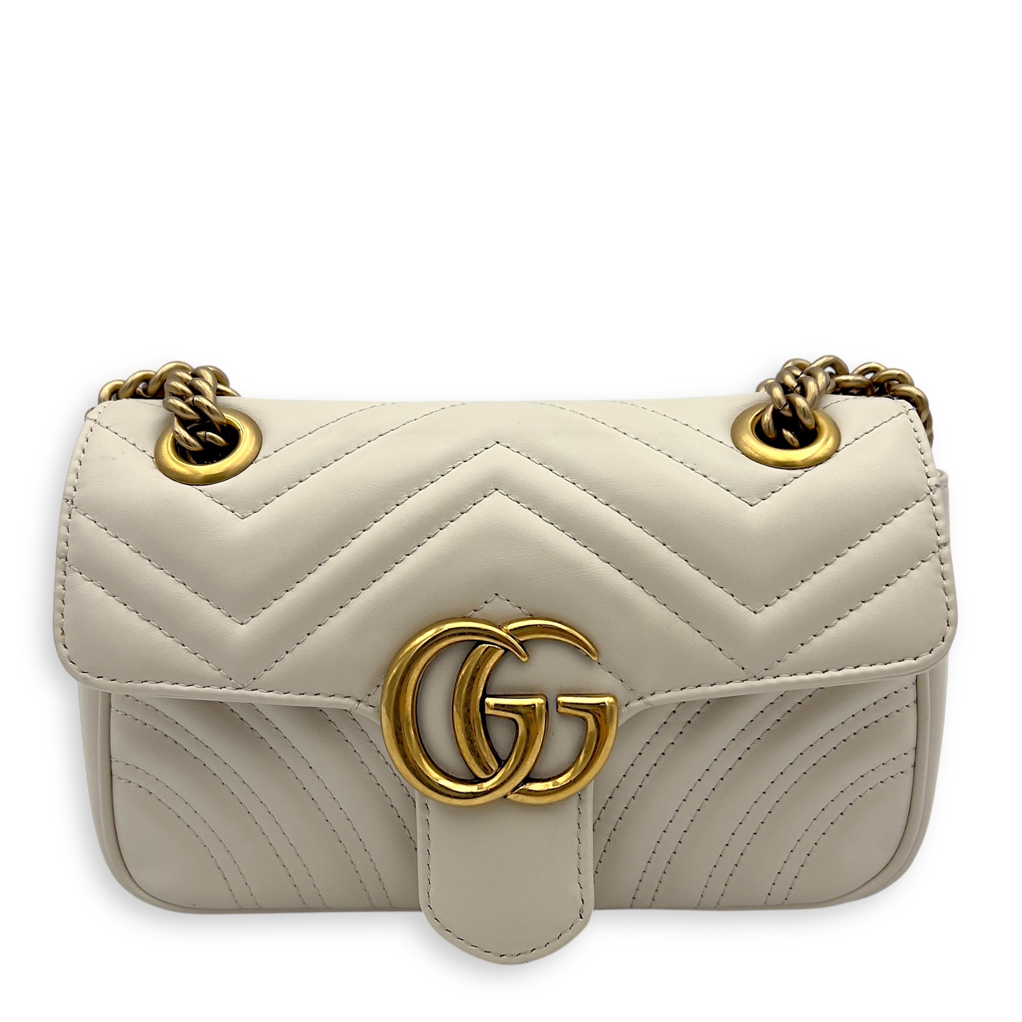 Gucci GG Marmont Shoulder Bag Mini White in Calfskin, Gold hardware_1