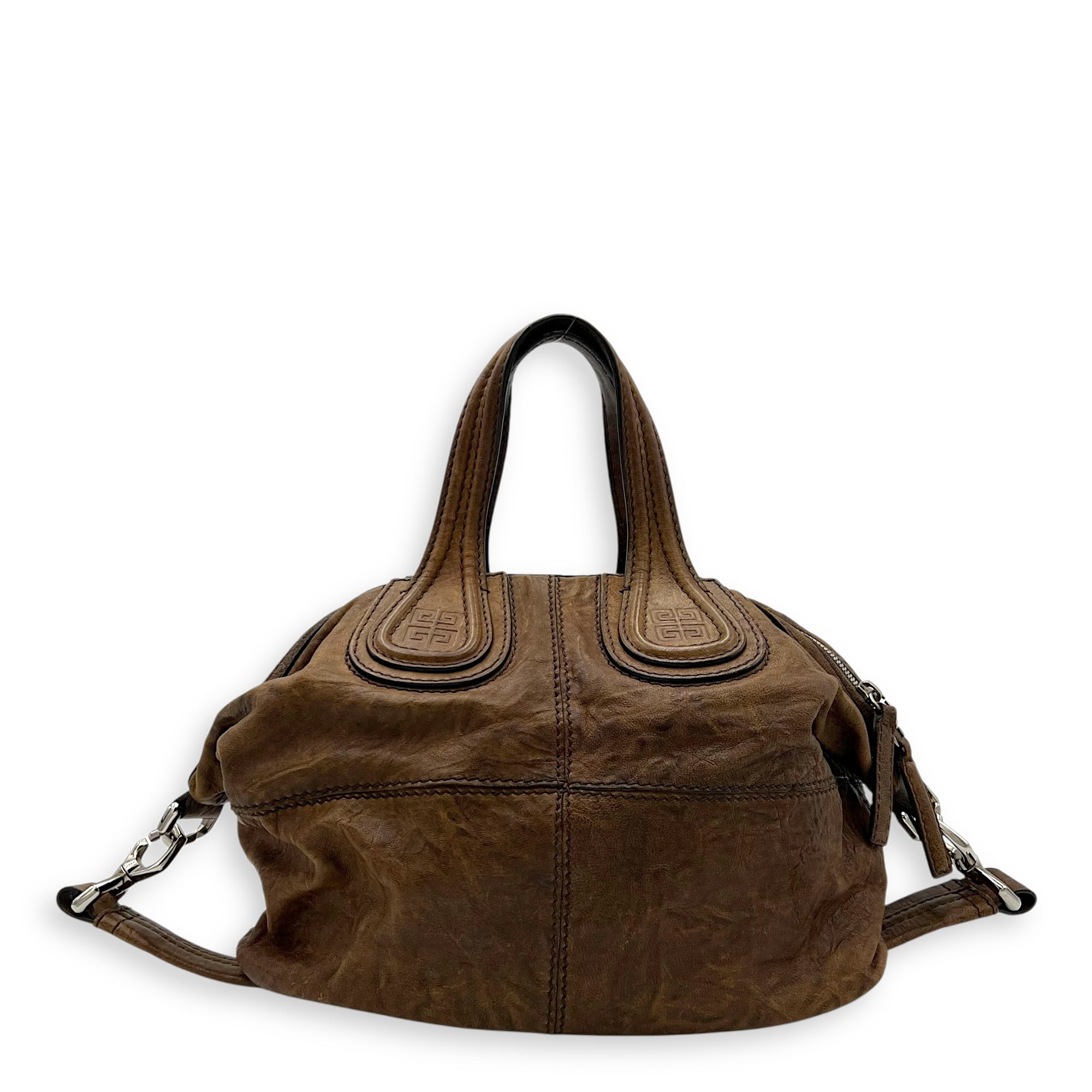 Givenchy Nightingale Small Brown Top Handle Bag in Distressed Leather, Silver hardware_1