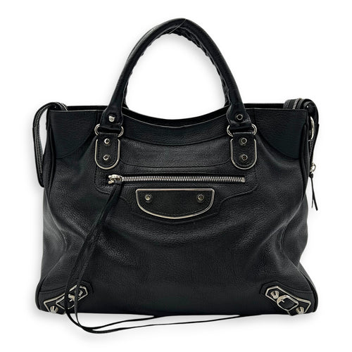 Balenciaga Metallic Edge Velo Black Top Handle Bag in Goat Leather, Silver hardware_1