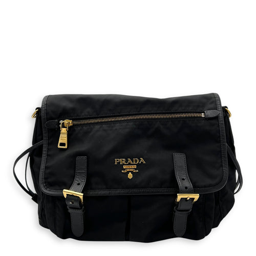 Prada Logo Messenger Black in Nylon, Gold hardware_1