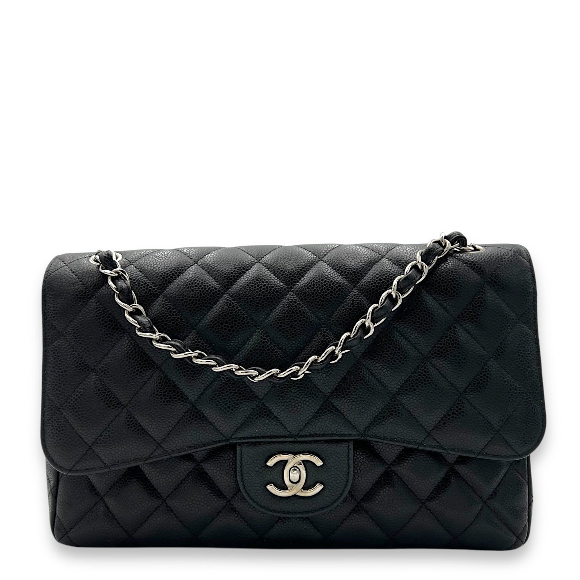 Chanel Classic Shoulder Bag Jumbo Black in Caviar Leather, Silver hardware_1