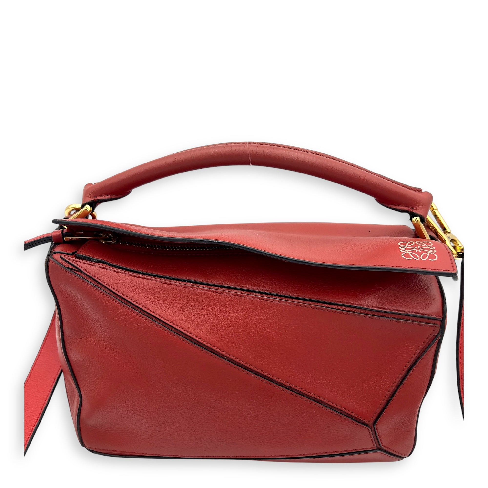 Loewe Puzzle Small Red Top Handle Bag in Calfskin, Gold hardware_1