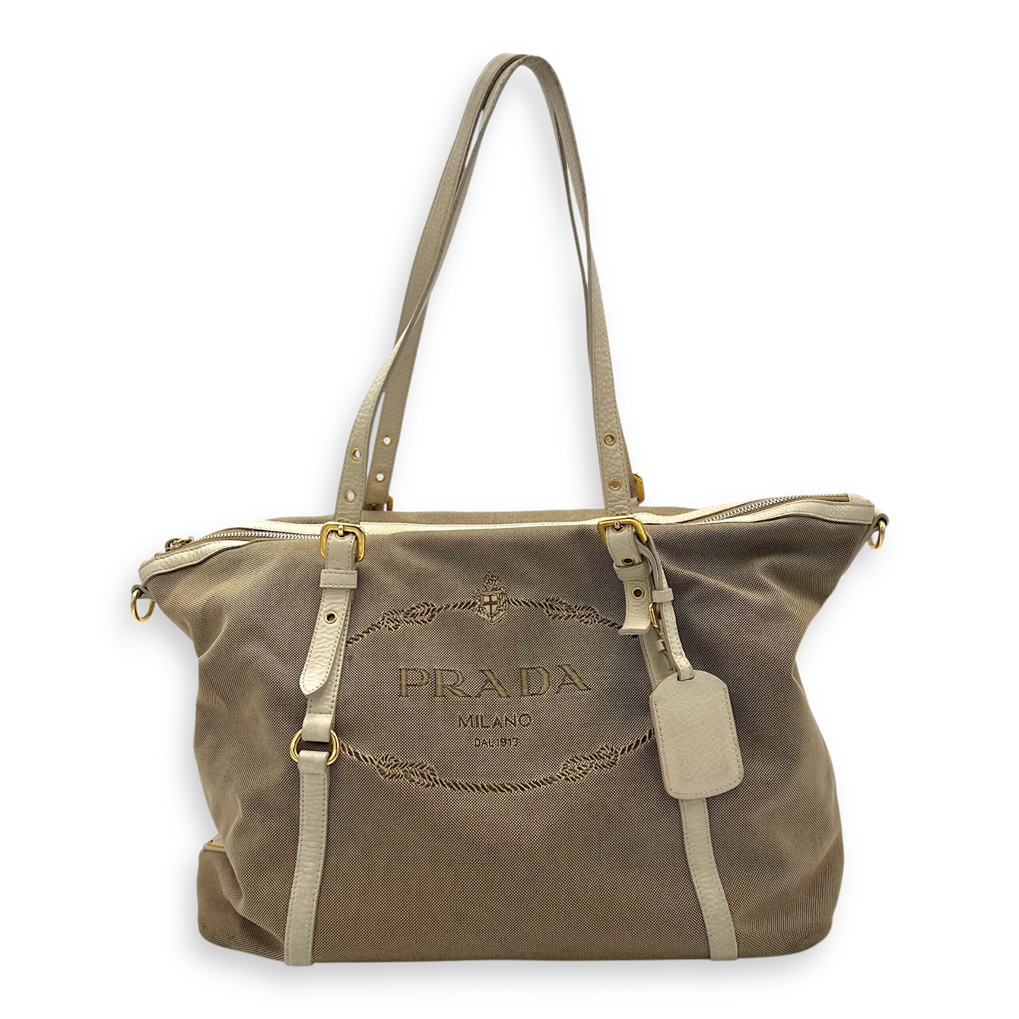 Prada Logo Tote Bag Beige in Canvas, Gold hardware_1