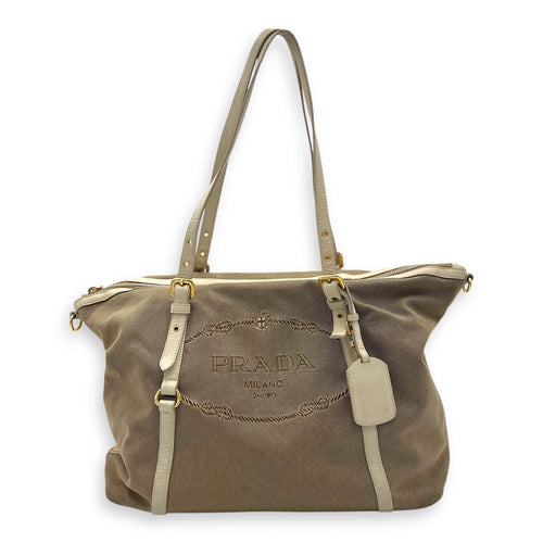 Prada Logo Tote Bag Beige in Canvas, Gold hardware_1