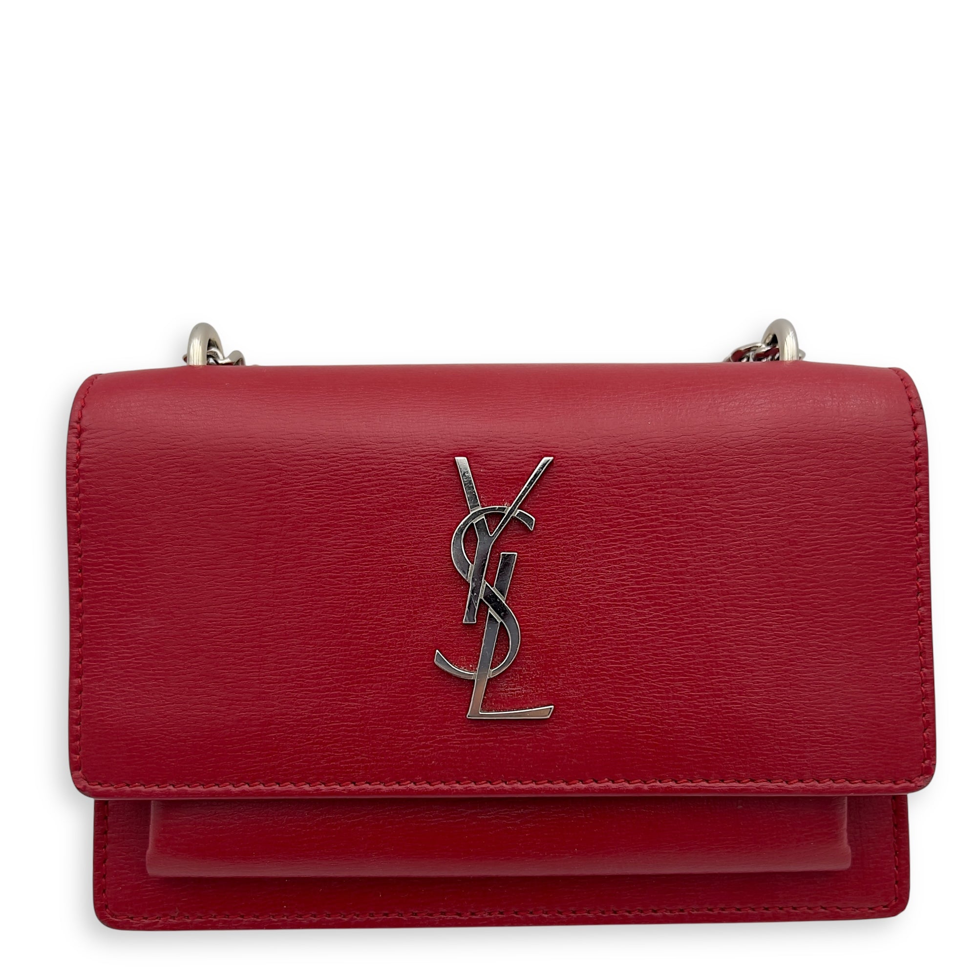 Saint Laurent Sunset Mini Red Shoulder Bag in Calfskin, Silver hardware_1