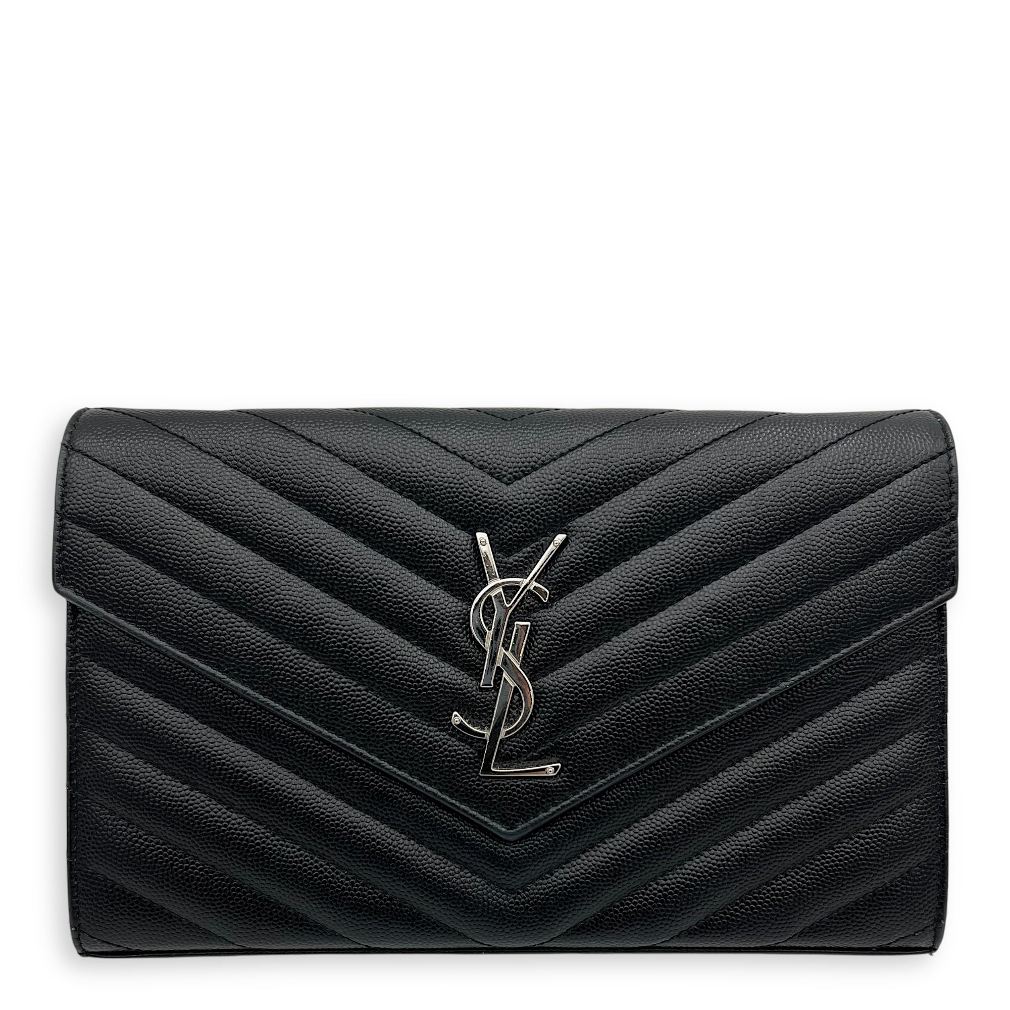 Saint Laurent Cassandre Wallet On Chain Black in Caviar Leather, Silver hardware_1