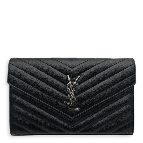 Saint Laurent Cassandre Wallet On Chain Black in Caviar Leather, Silver hardware_1