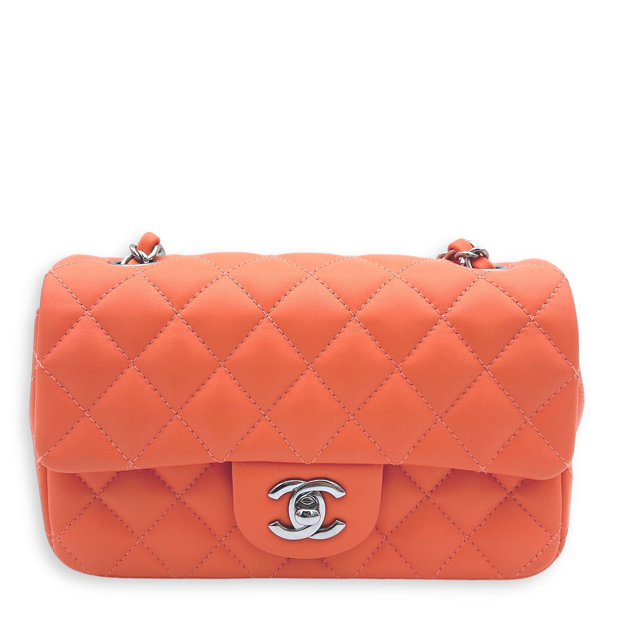 Chanel Mini Rectangle Shoulder Bag Orange in Lambskin, Silver hardware_1