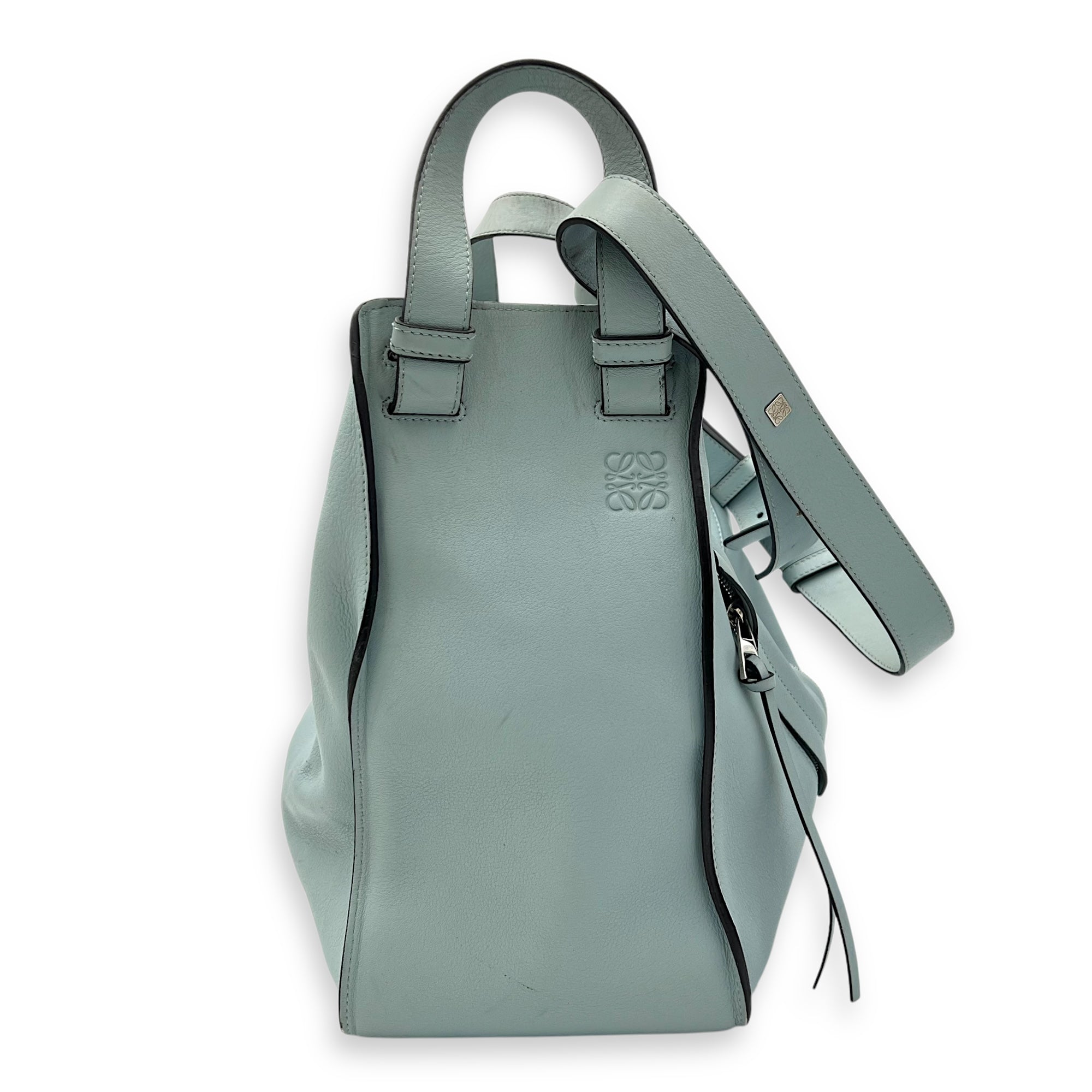 Loewe Hammock Medium Blue Top Handle Bag in Calfskin, Silver hardware_1