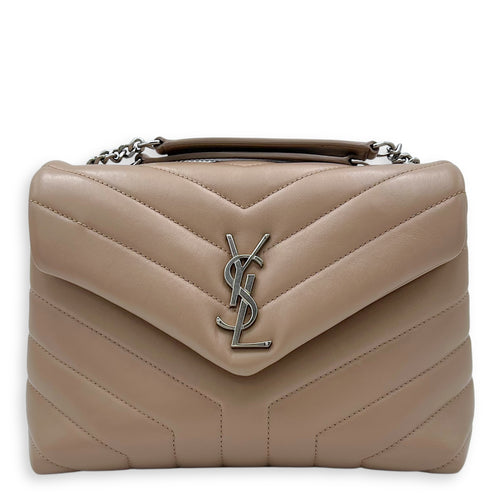 Saint Laurent Loulou Small Beige Shoulder Bag in Calfskin, Silver hardware_1