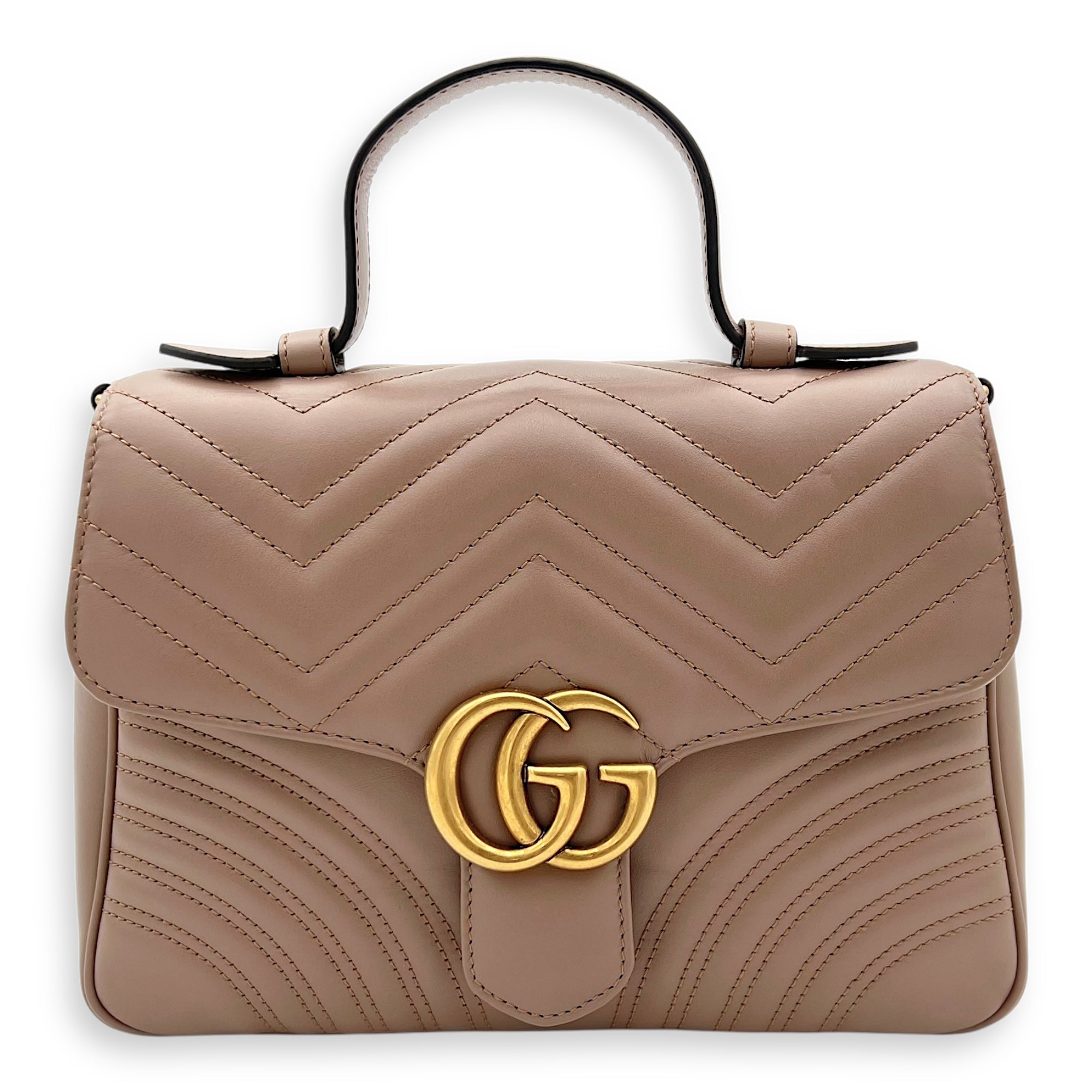 Gucci GG Marmont Top Handle Bag Beige in Calfskin, Gold hardware_1