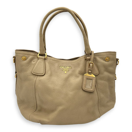 Prada Logo Top Handle Bag Beige in Calfskin, Gold hardware_1