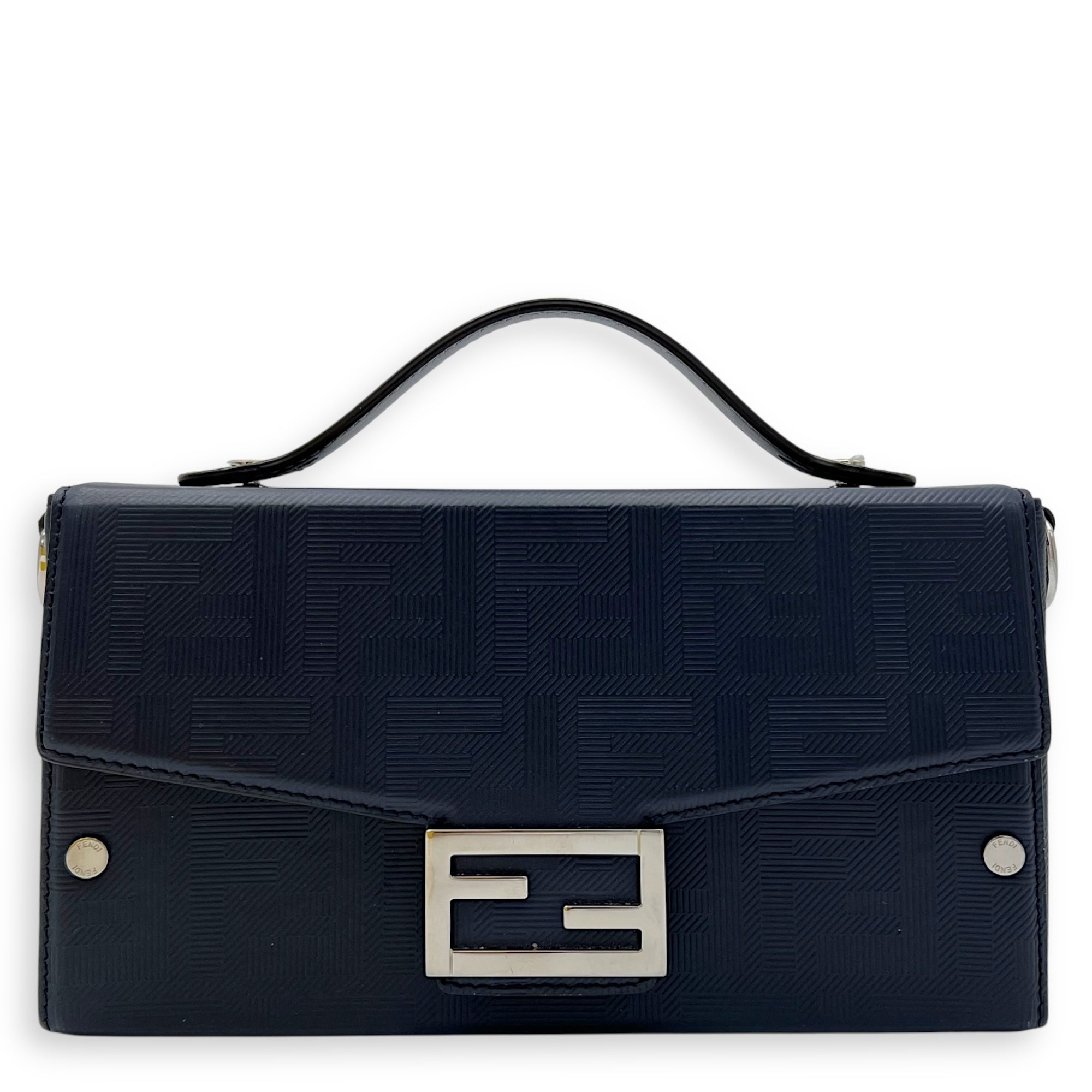 Fendi Baguette Box Shoulder Bag Blue in Coated Canvas, Silver hardware_1