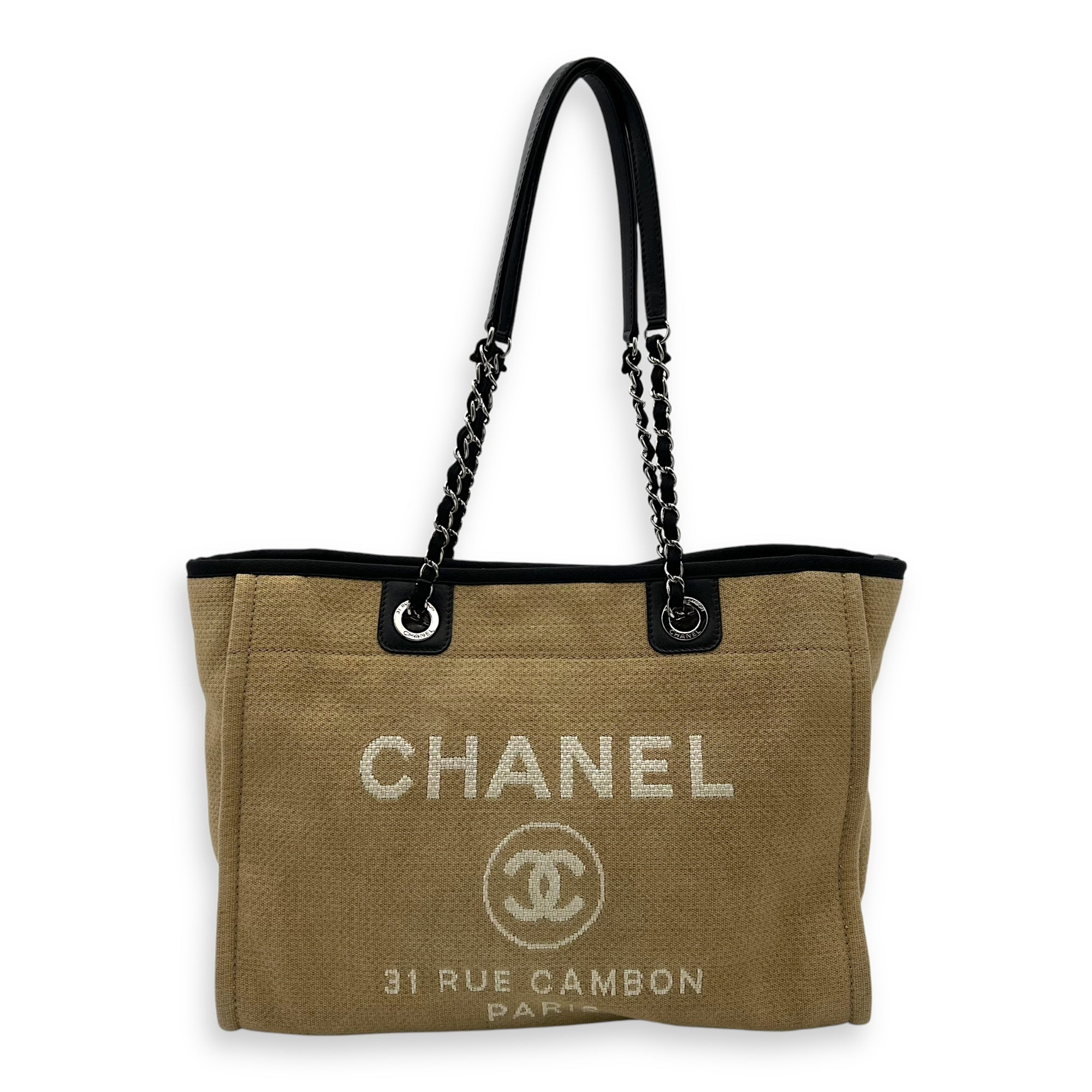 Chanel Deauville Tote Bag Beige in Canvas, Silver hardware_1