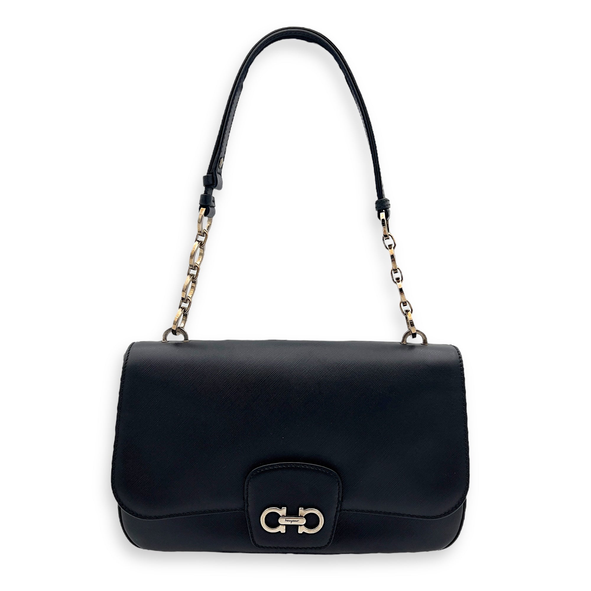 Salvatore Ferragamo Gancini Shoulder Bag Black in Calfskin, Silver hardware_1