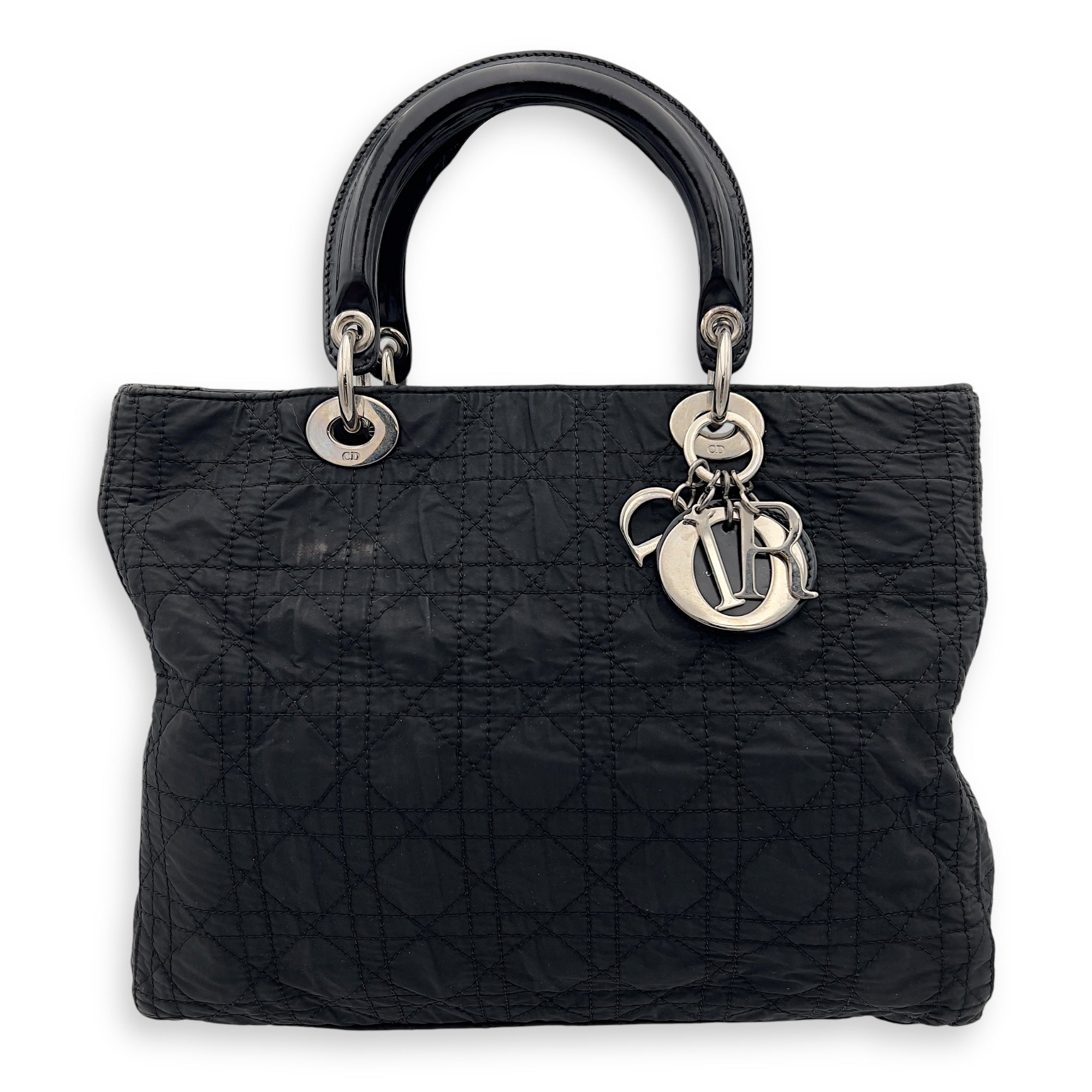 Christian Dior Lady Dior Black Top Handle Bag in Nylon, Silver hardware_1