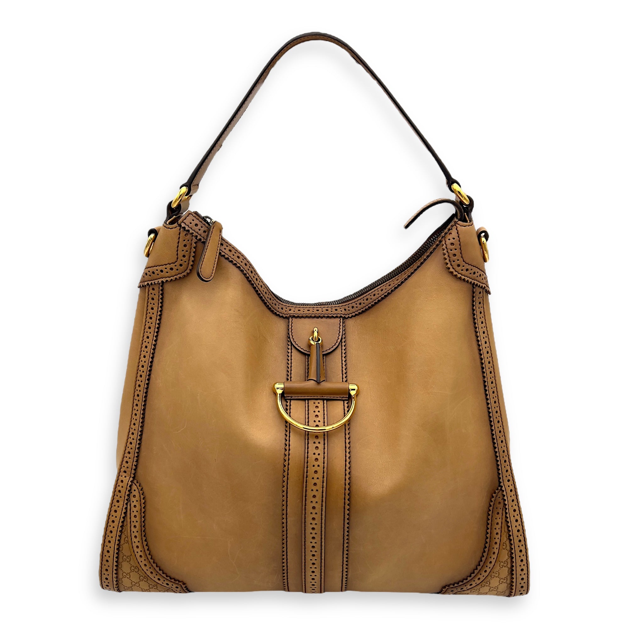 Gucci Duilio Brogue Shoulder Bag Brown in Calfskin, Gold hardware_1