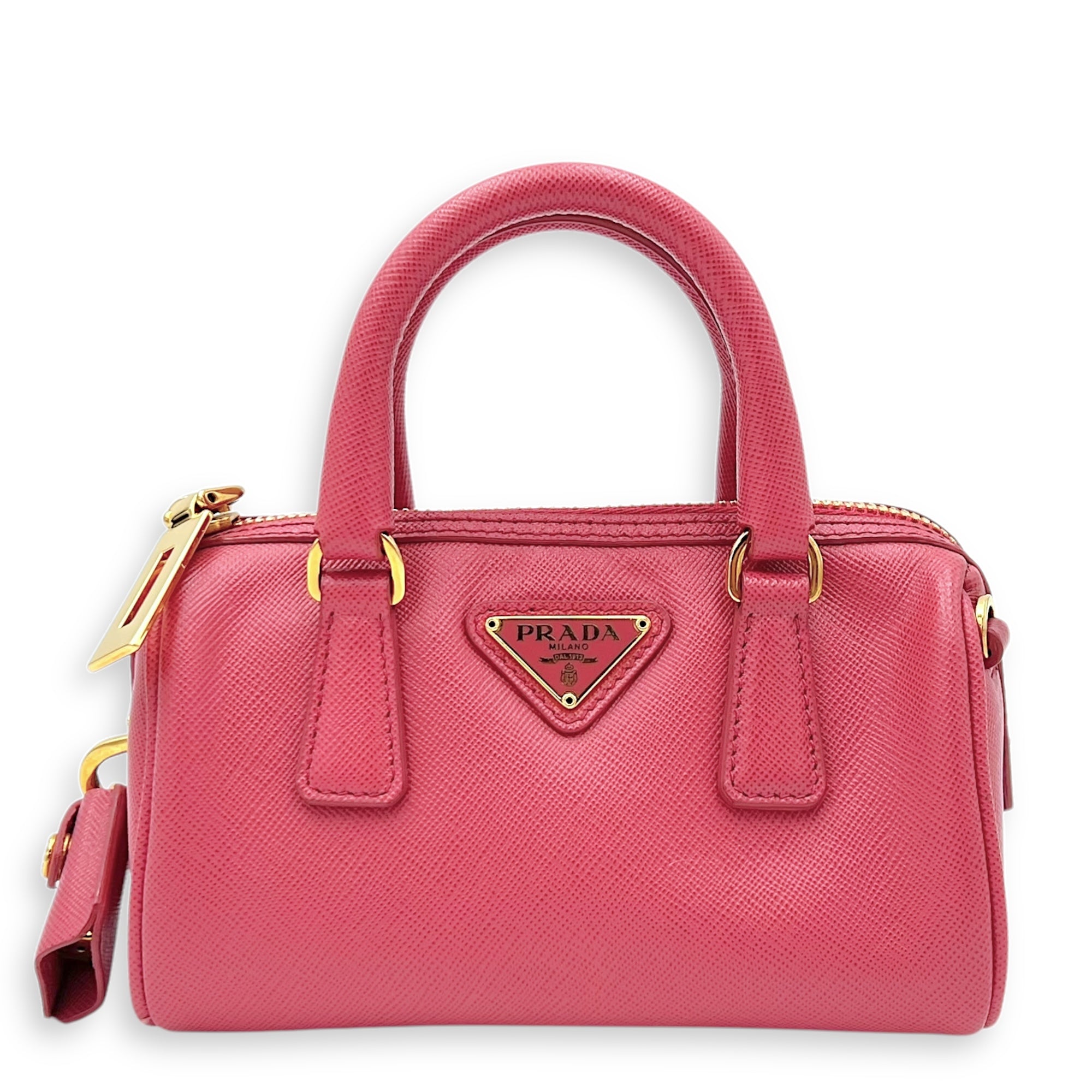 Prada Convertible Bowler Boston Mini Pink Top Handle Bag in Saffiano Leather, Gold hardware_1