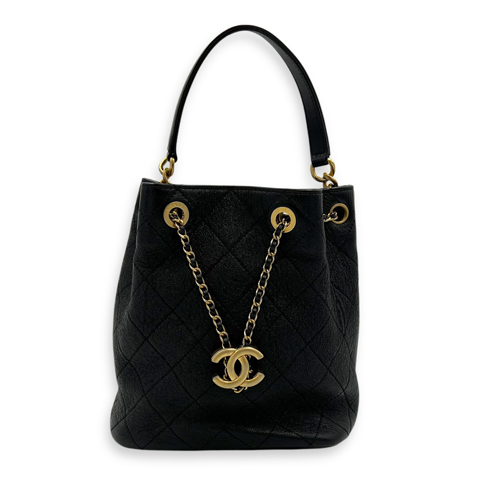 Chanel Quilted Drawstring CC Black Bucket Bag in Calfskin, Gold hardware_1