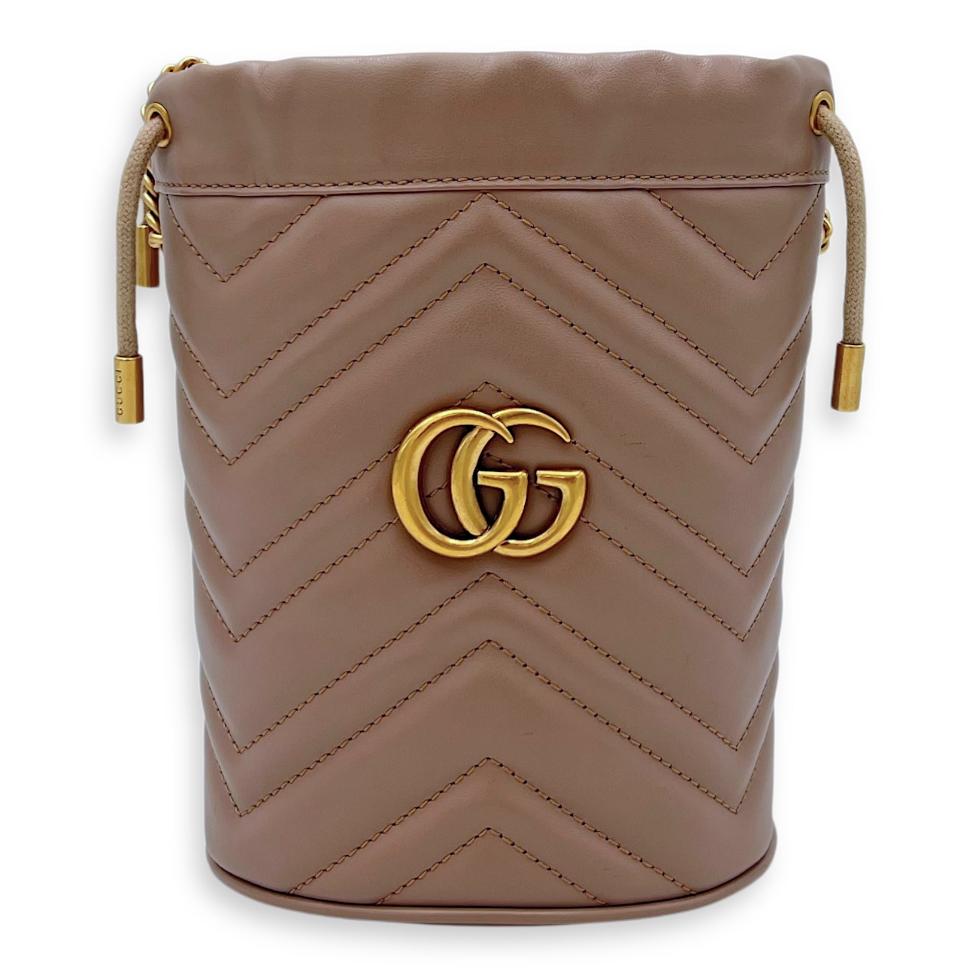 Gucci GG Marmont Bucket Bag Beige in Calfskin, Gold hardware_1