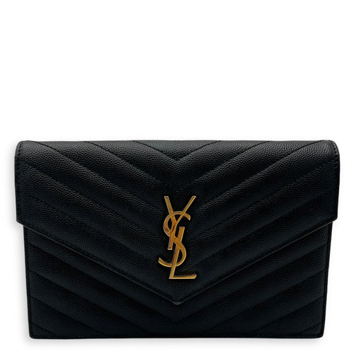 Saint Laurent Cassandre Wallet On Chain Black in Calfskin, Gold hardware_1