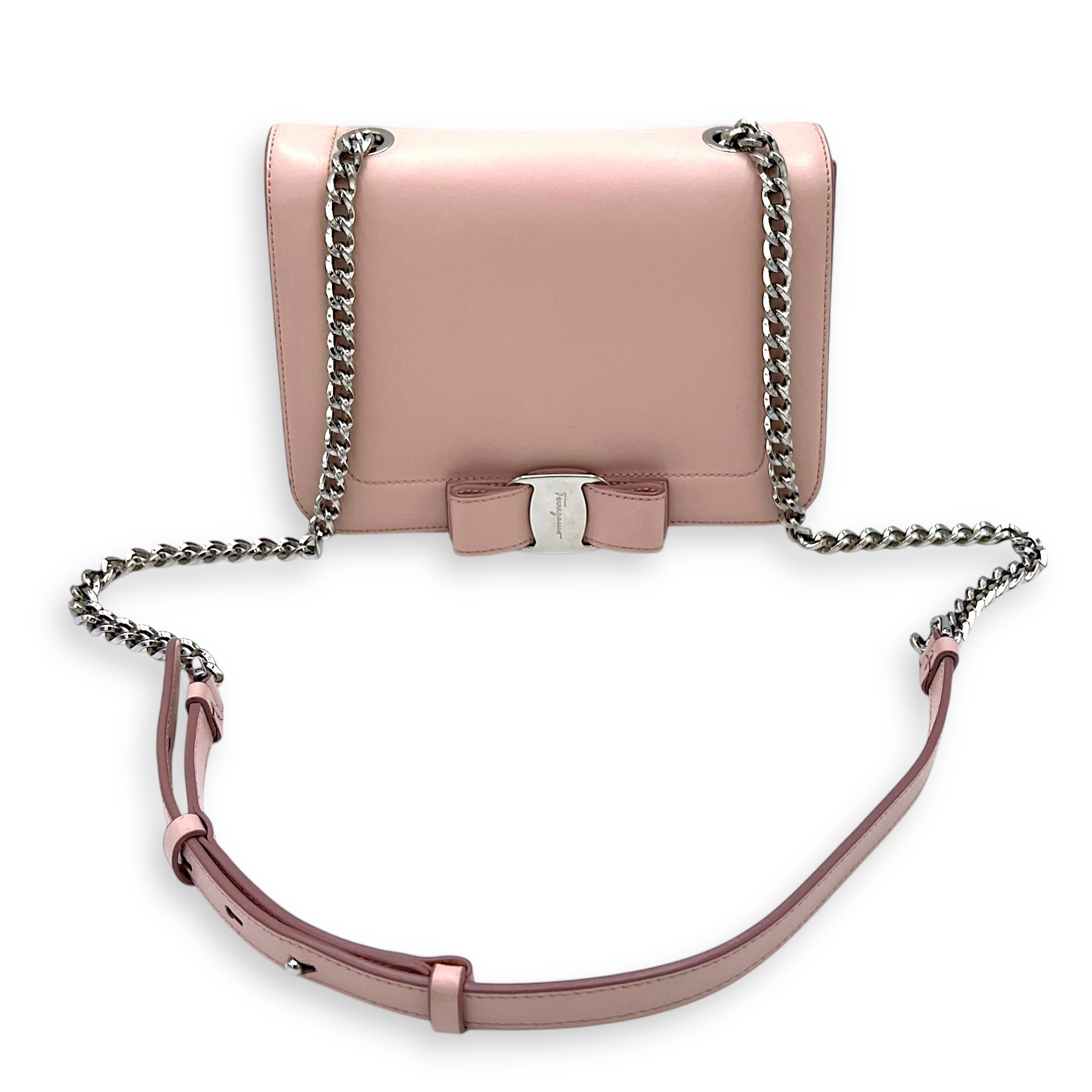 Salvatore Ferragamo Vara Bow Crossbody Bag Pink in Calfskin, Silver hardware_13