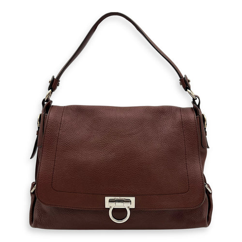 Salvatore Ferragamo Gancini Shoulder Bag Brown in Calfskin, Silver hardware_1