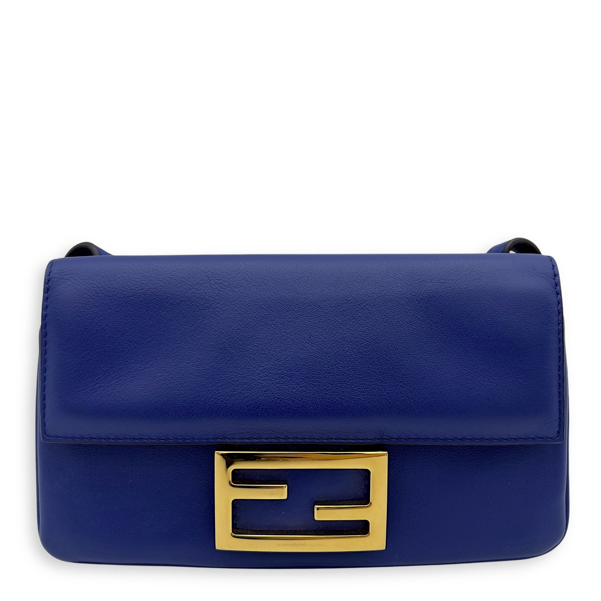 Fendi Baguette Blue Crossbody Bag in Calfskin, Gold hardware_1