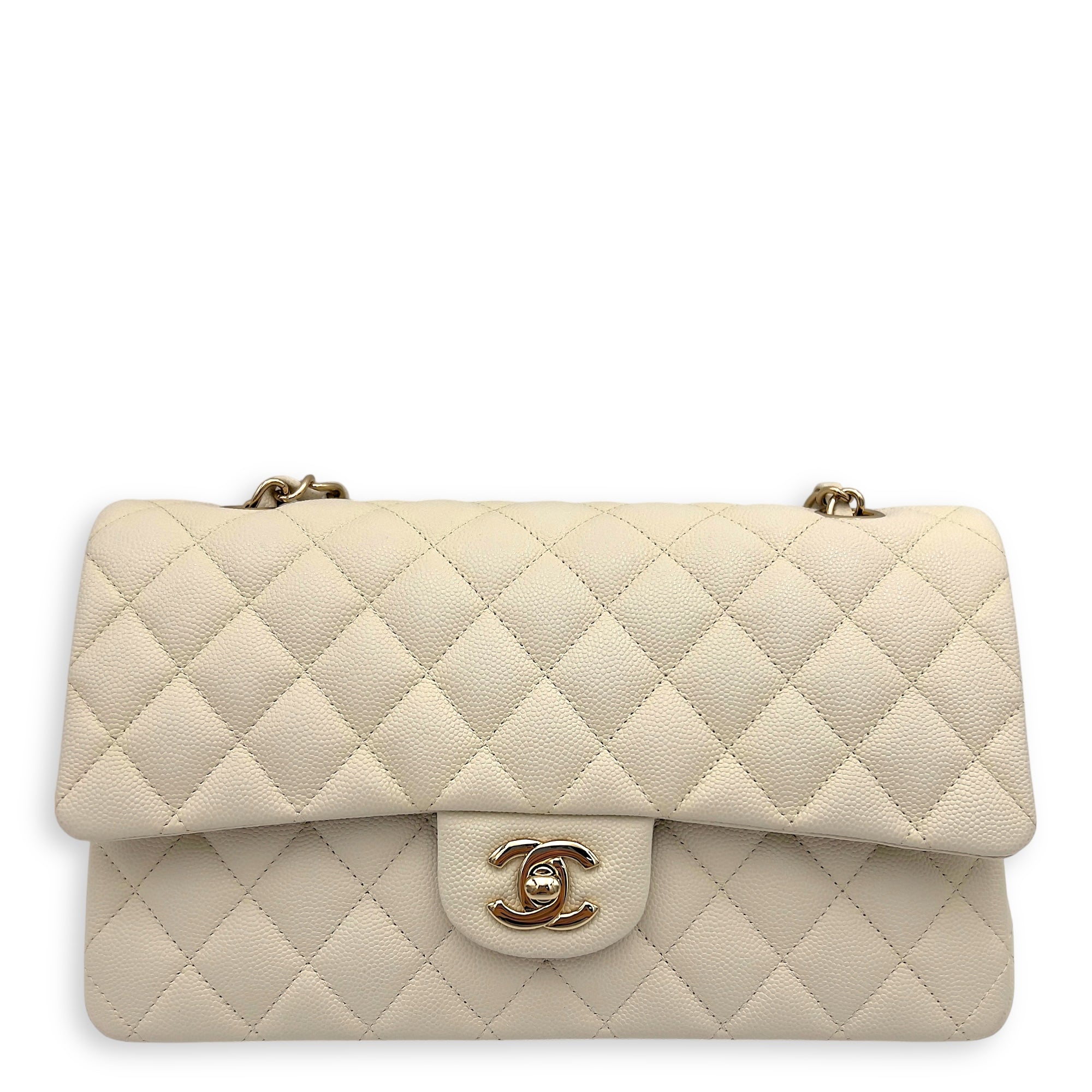 Chanel Classic Shoulder Bag White in Caviar Leather, Light Gold hardware_1