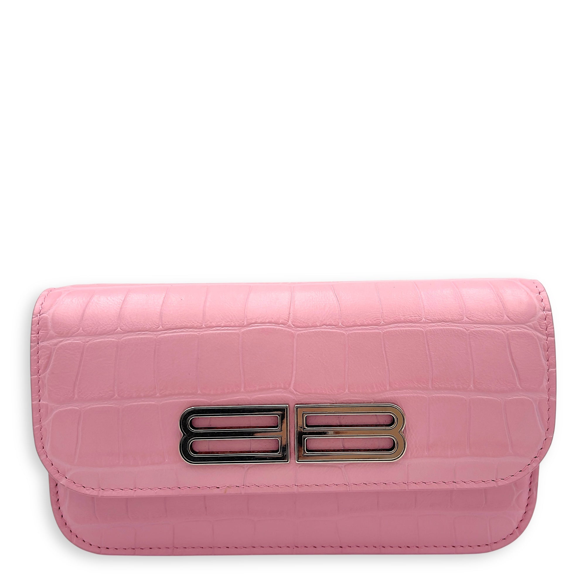 Balenciaga Gossip Pink Wallet On Chain in Crocodile Embossed Calfskin, Silver hardware_1