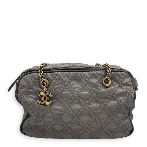 Quilted Stitches Triptych Grey Tote Bag in Calfskin, Gold hardware