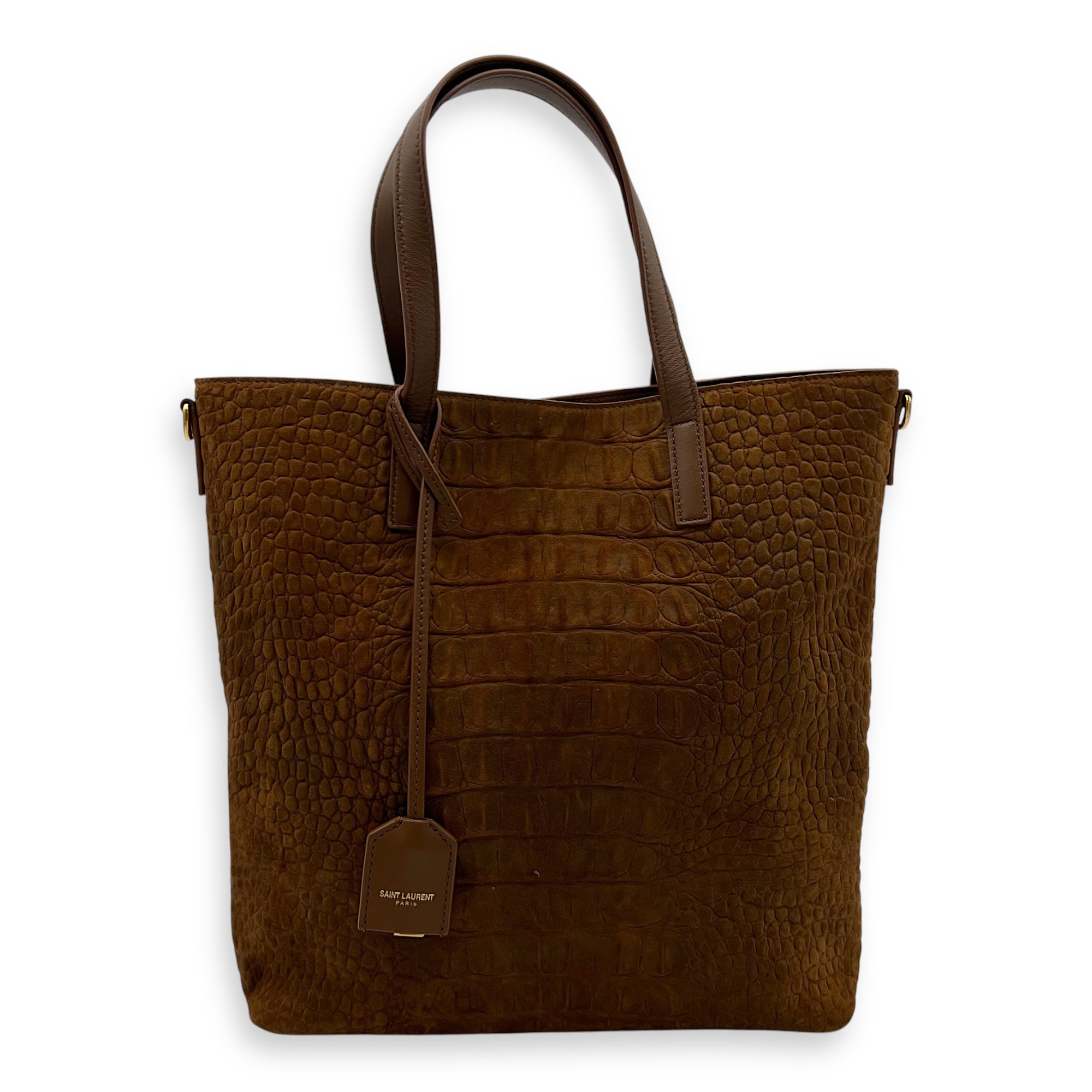 Saint Laurent Shopping Tote Bag Brown in Suede Leather, Gold hardware_1