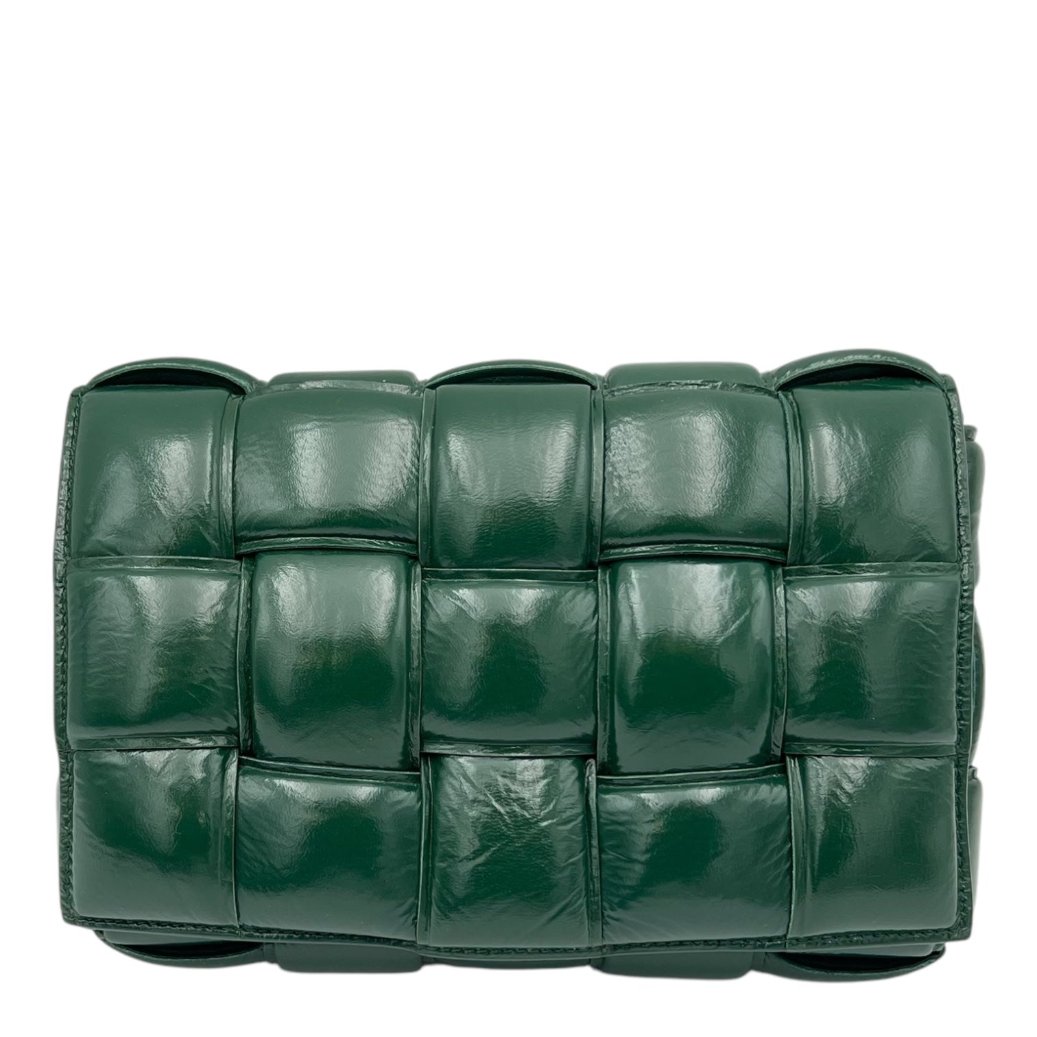 Bottega Veneta Cassette Shoulder Bag Green in Patent Leather, Gold hardware_1