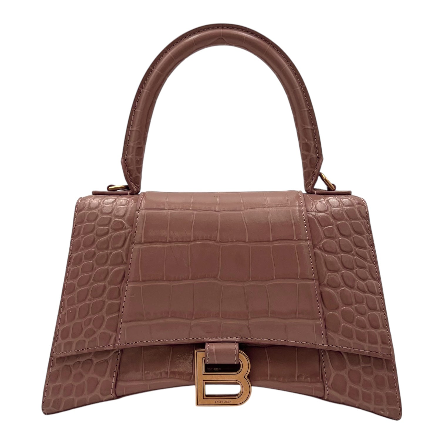 Balenciaga Hourglass Top Handle Bag Beige in Crocodile Embossed Calfskin, Silver hardware_1