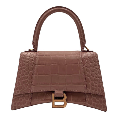 Balenciaga Hourglass Top Handle Bag Beige in Crocodile Embossed Calfskin, Silver hardware_1