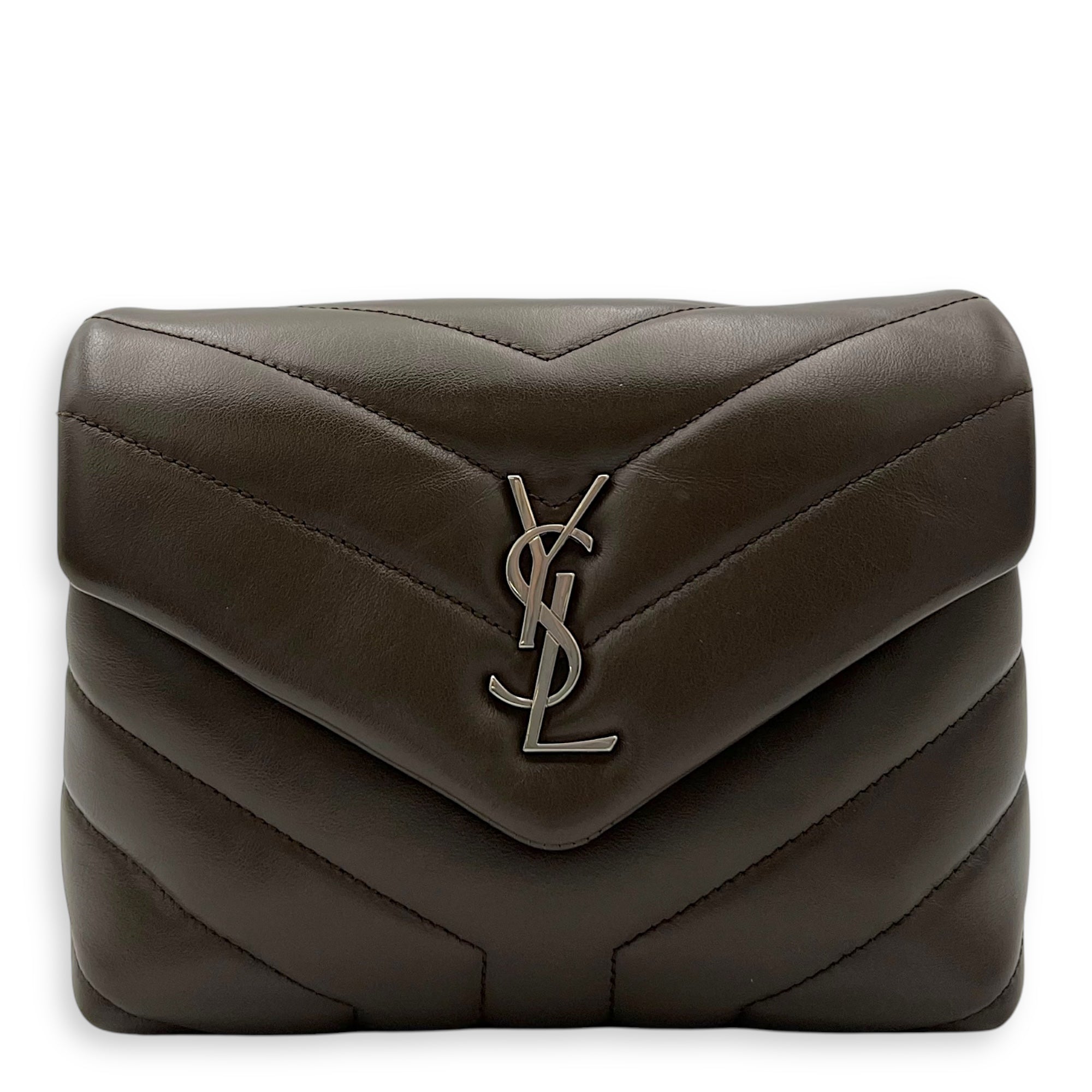 Saint Laurent Loulou Crossbody Bag Toy Brown in Calfskin, Silver hardware_1