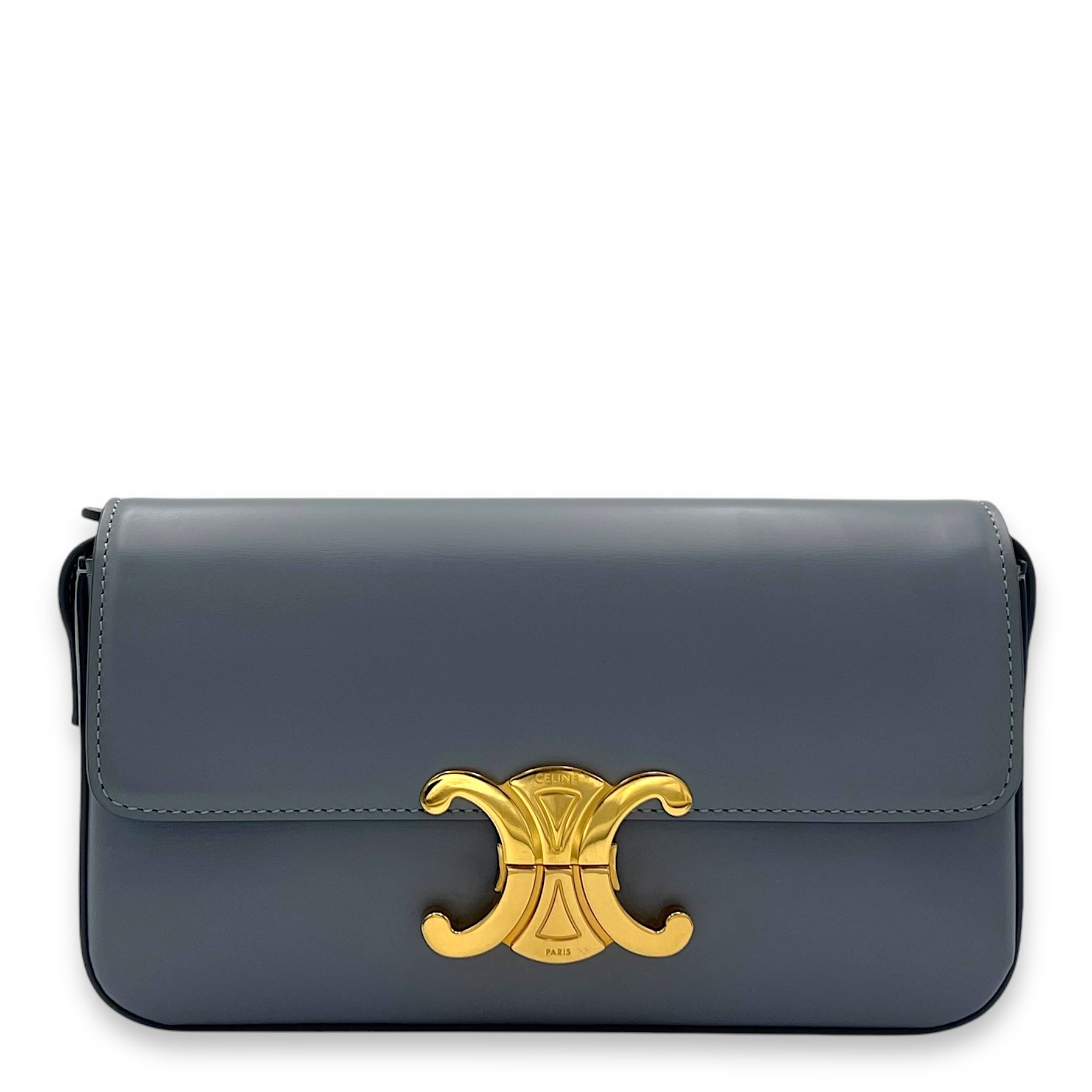 Celine Triomphe Shoulder Bag Blue Grey in Calfskin, Gold hardware_1