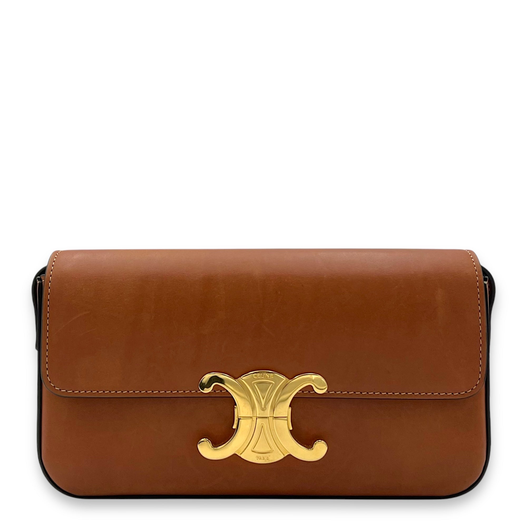 Celine Triomphe Shoulder Bag Brown in Calfskin, Gold hardware_1