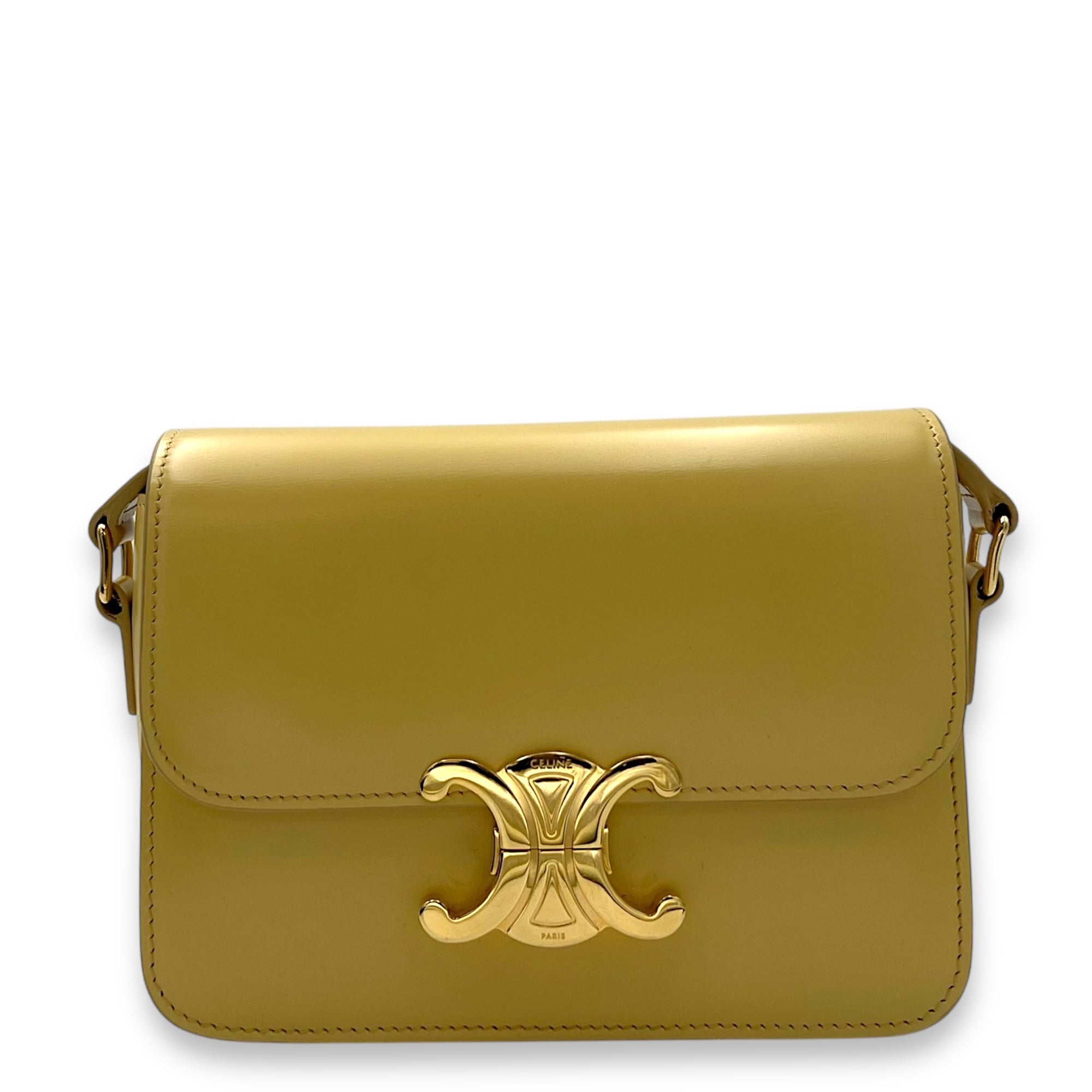 Celine Triomphe Crossbody Bag Teen Yellow in Calfskin, Gold hardware_1
