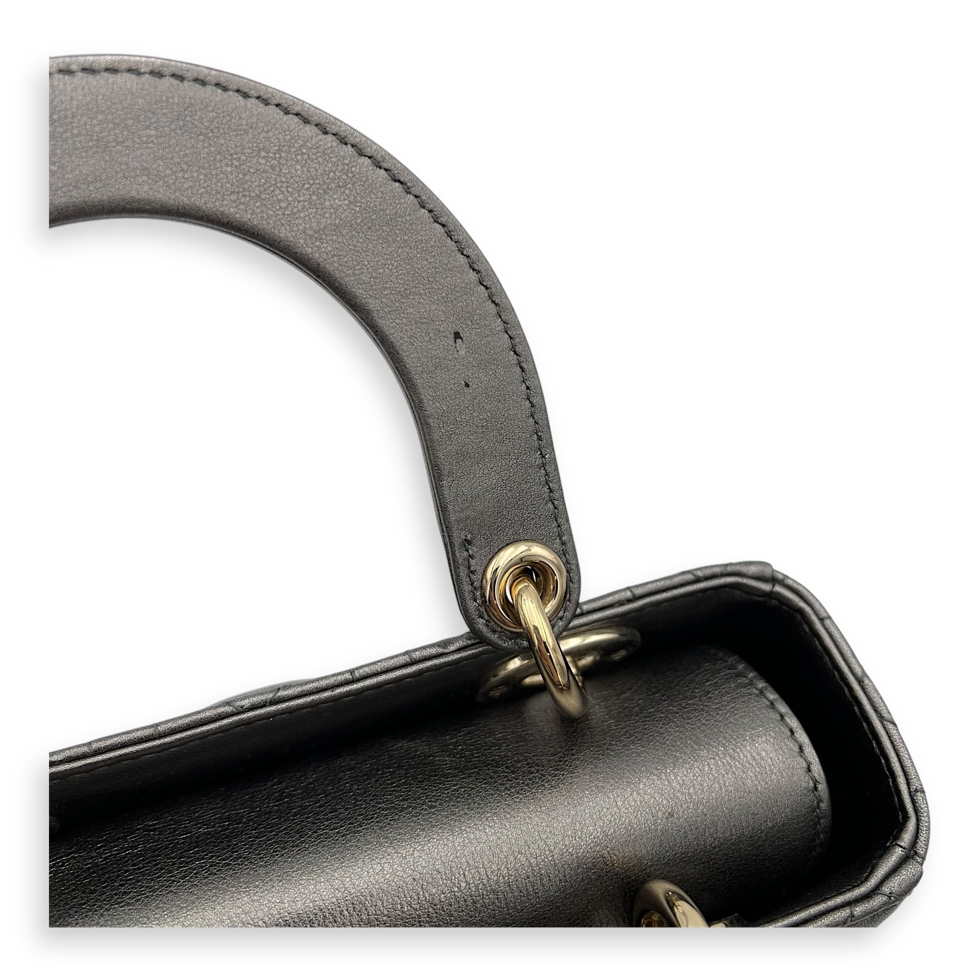 Christian Dior Lady Dior Small Grey Top Handle Bag in Calfskin, Gold hardware_9